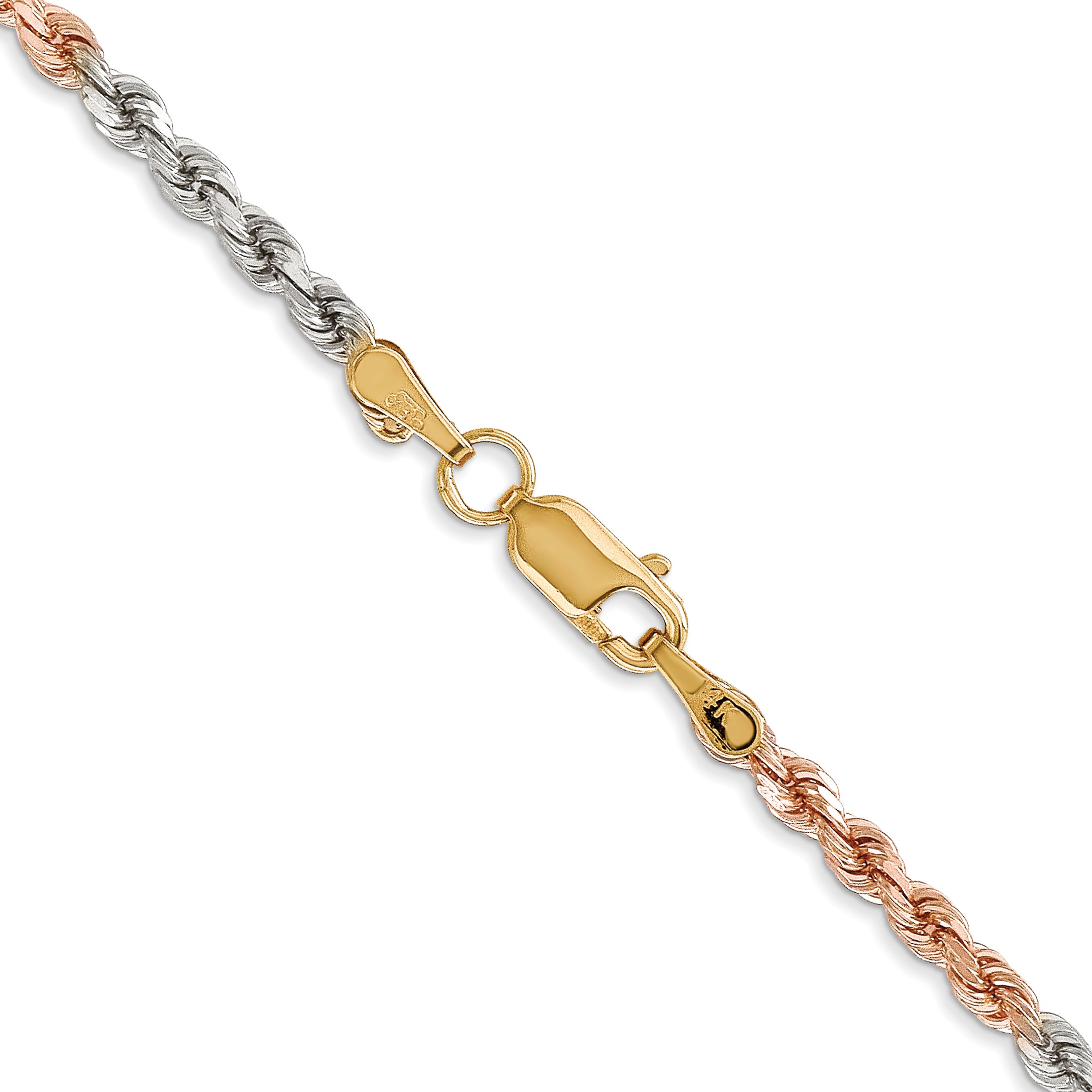 14K Tri-colored 24 inch 2.9mm Diamond-cut Rope with Lobster Clasp Chain
