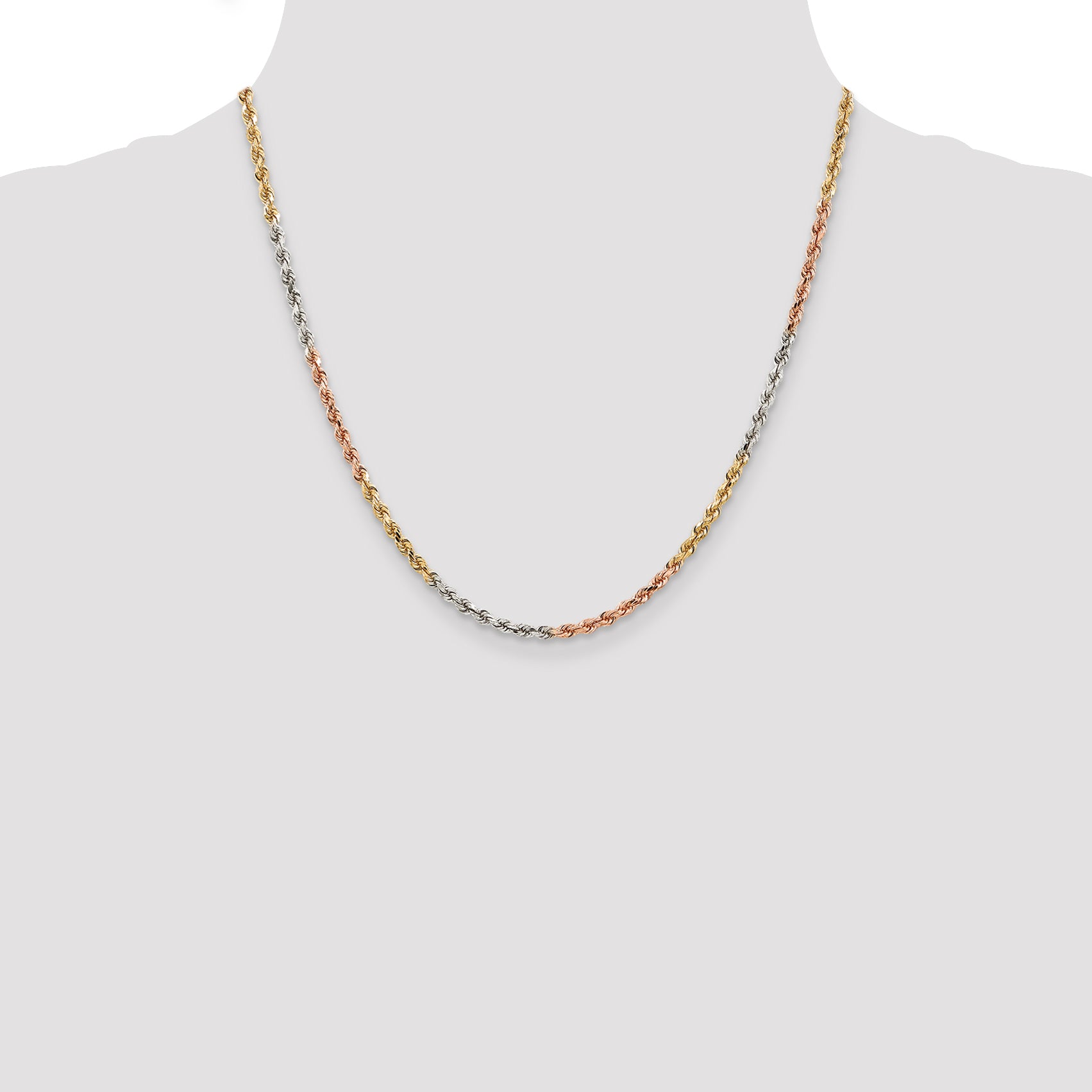 14K Tri-colored 20 inch 2.9mm Diamond-cut Rope with Lobster Clasp Chain
