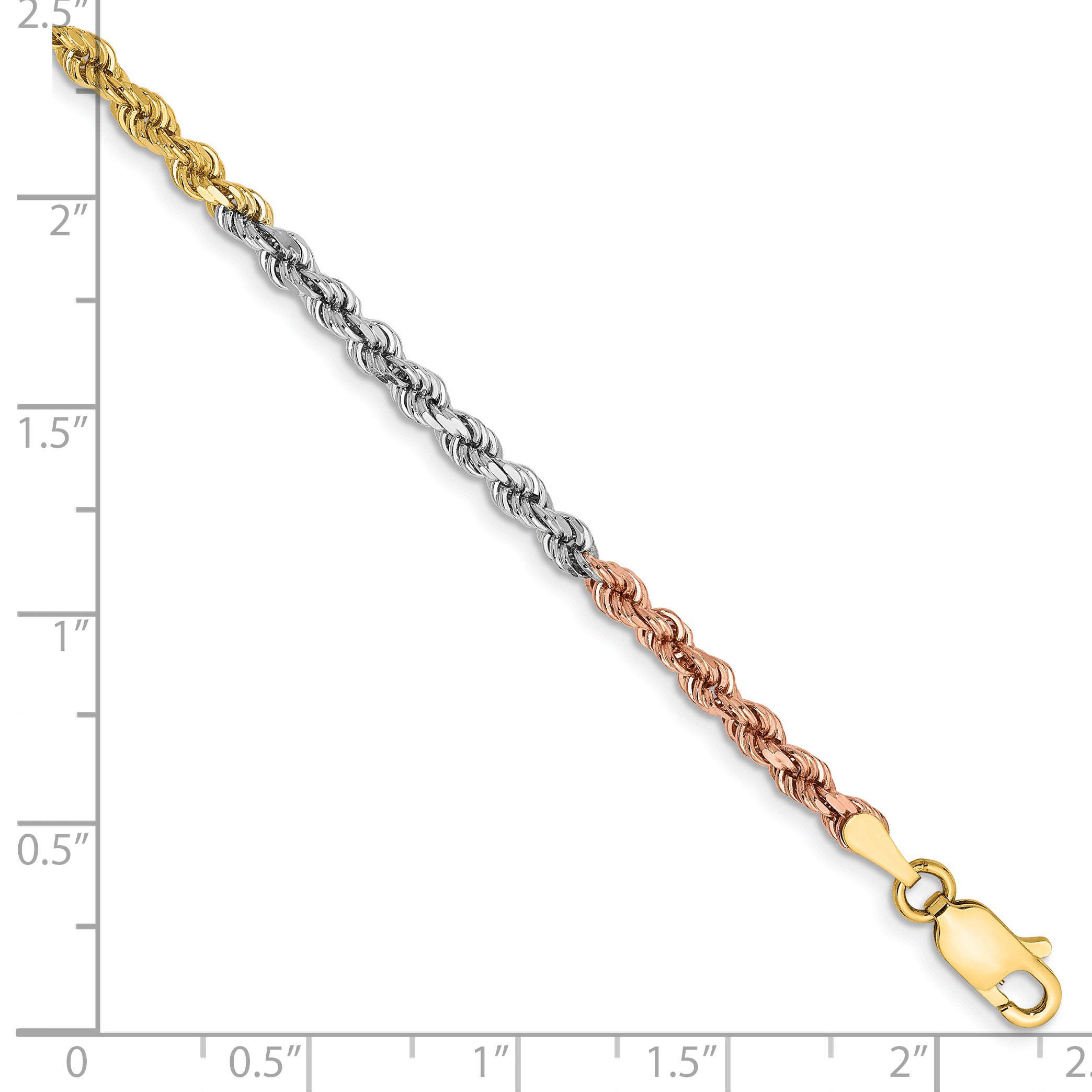14K Tri-colored 8 inch 2.9mm Diamond-cut Rope with Lobster Clasp Chain