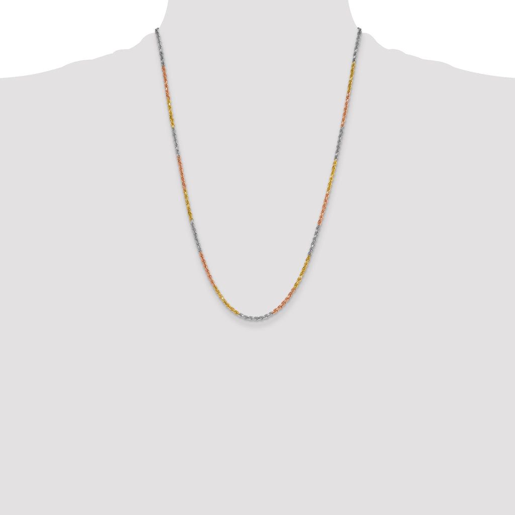 14K Tri-colored 24 inch 3mm Diamond-cut Rope with Lobster Clasp Chain