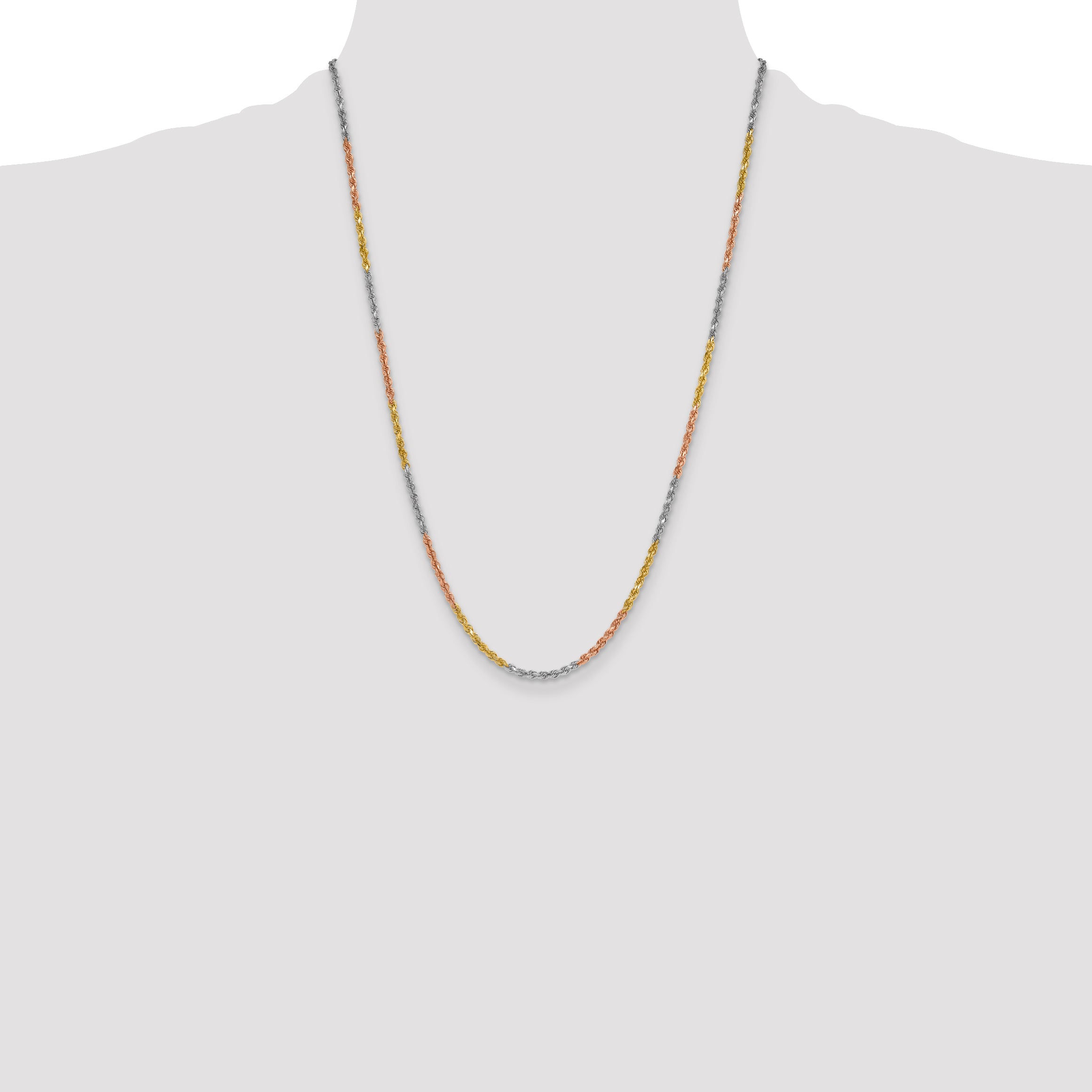 14K Tri-colored 24 inch 3mm Diamond-cut Rope with Lobster Clasp Chain