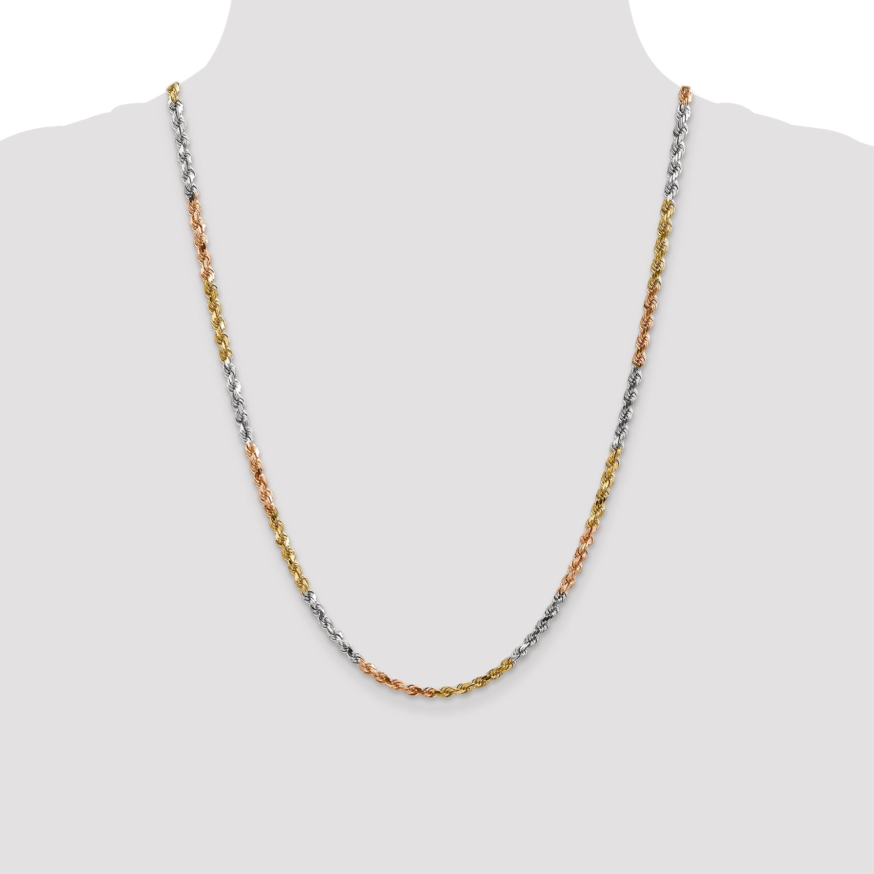 14K Tri-colored 24 inch 4mm Diamond-cut Rope with Lobster Clasp Chain