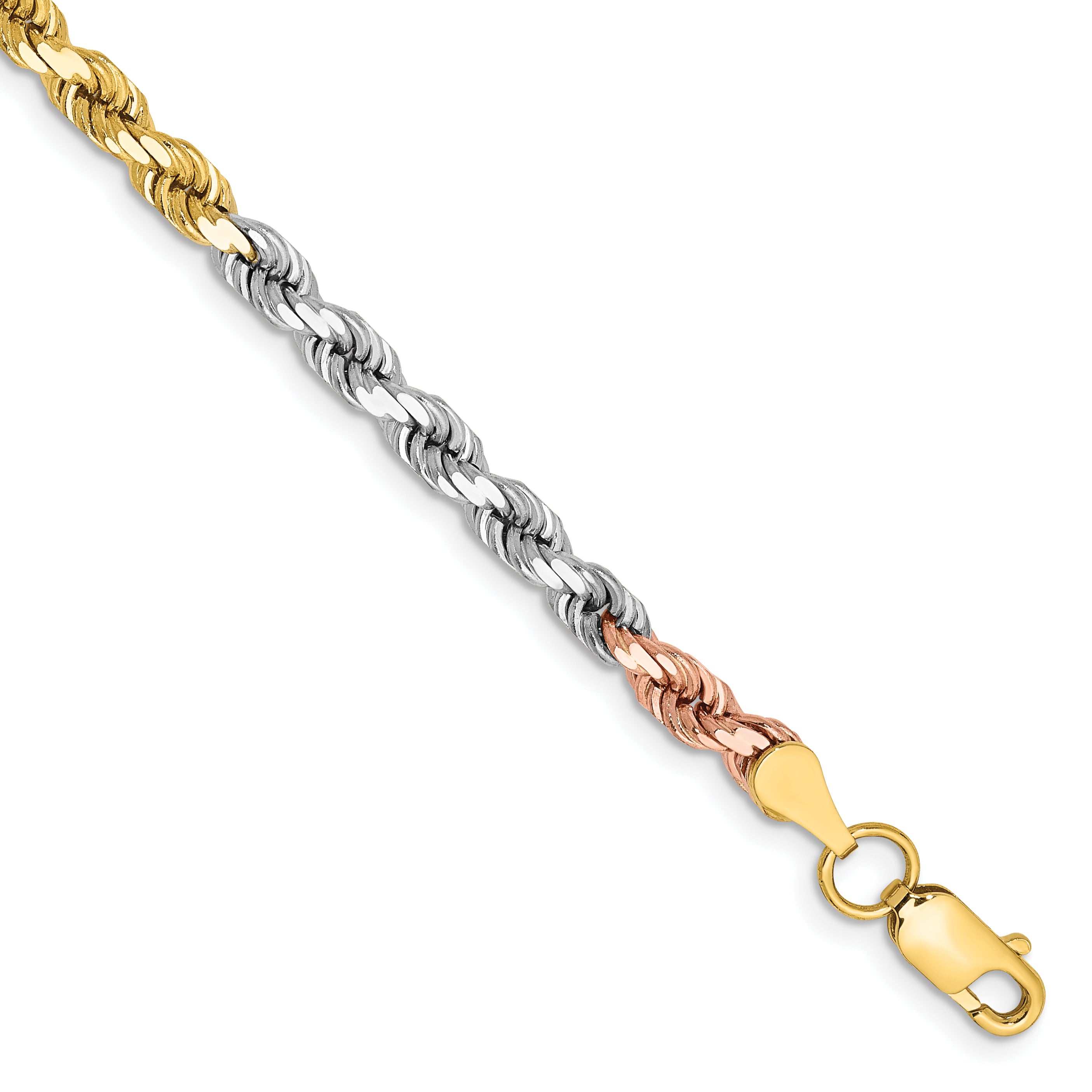 14K Tri-Color Gold Solid Diamond-Cut Rope Chain Necklace 4mm Main image