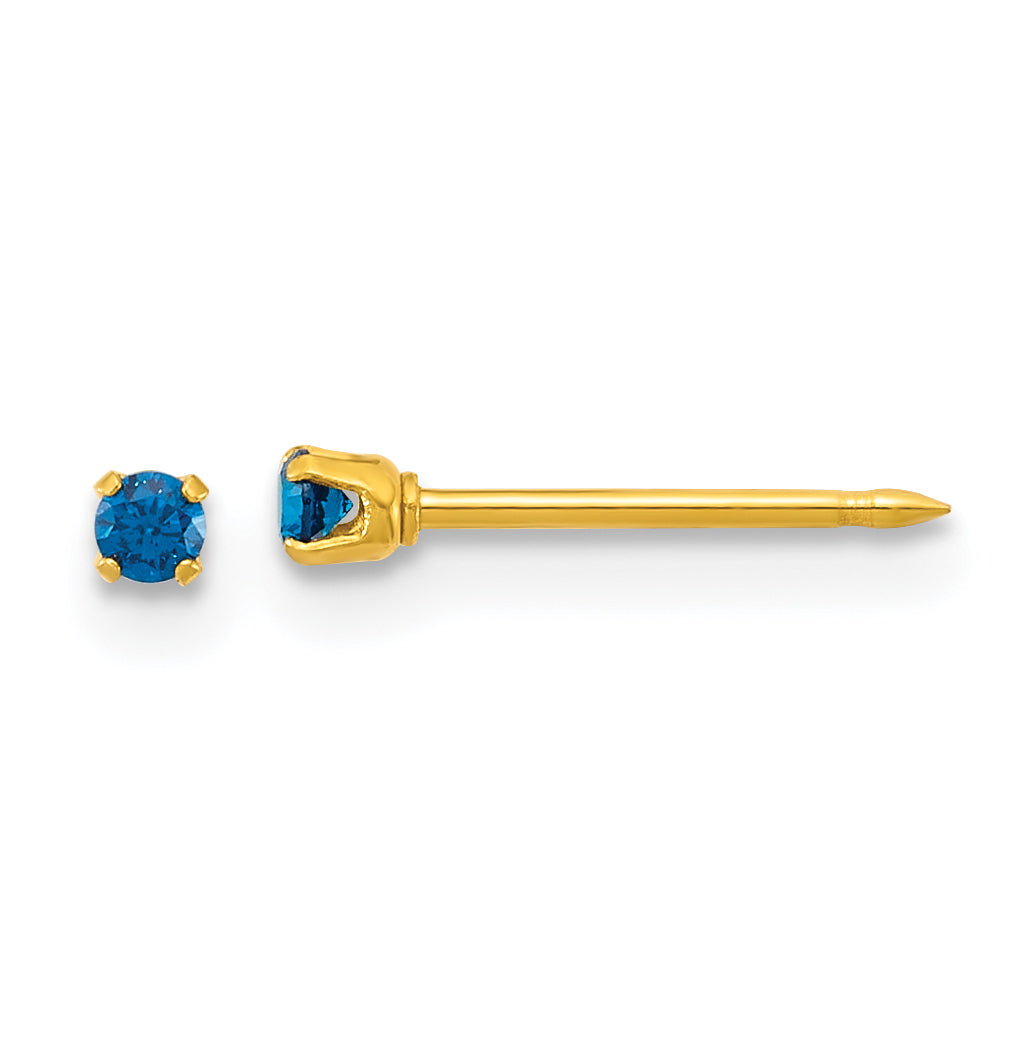 Inverness Stainless Steel 24k Gold-plated 2mm Blue CZ Stud Post Piercing Earrings