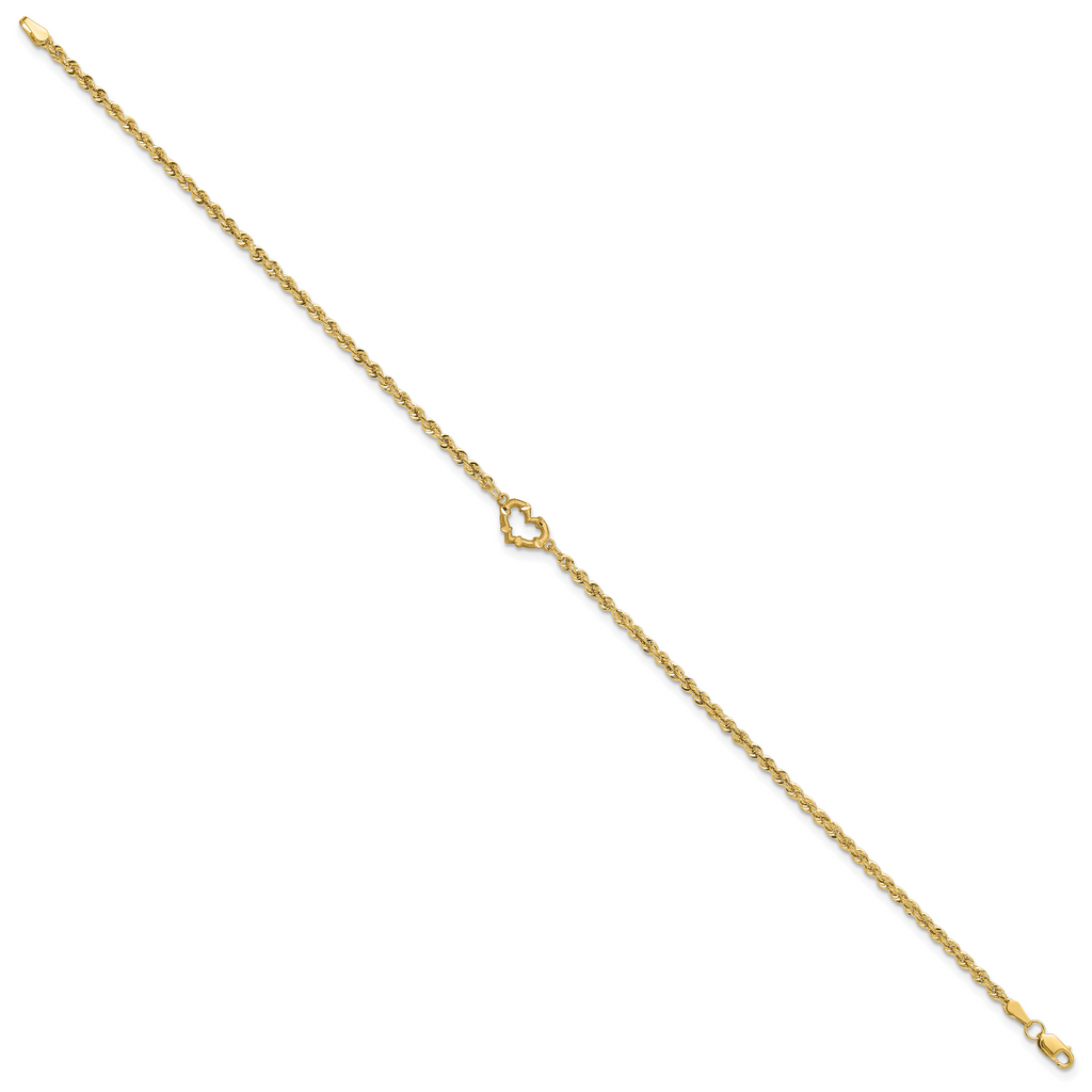 10k Diamond-cut Open Heart and Rope Chain 10 inch Anklet