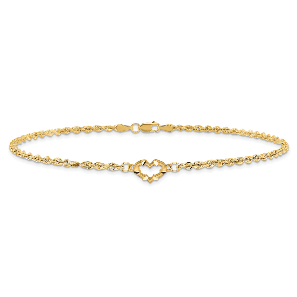 10k Diamond-cut Open Heart and Rope Chain 10 inch Anklet