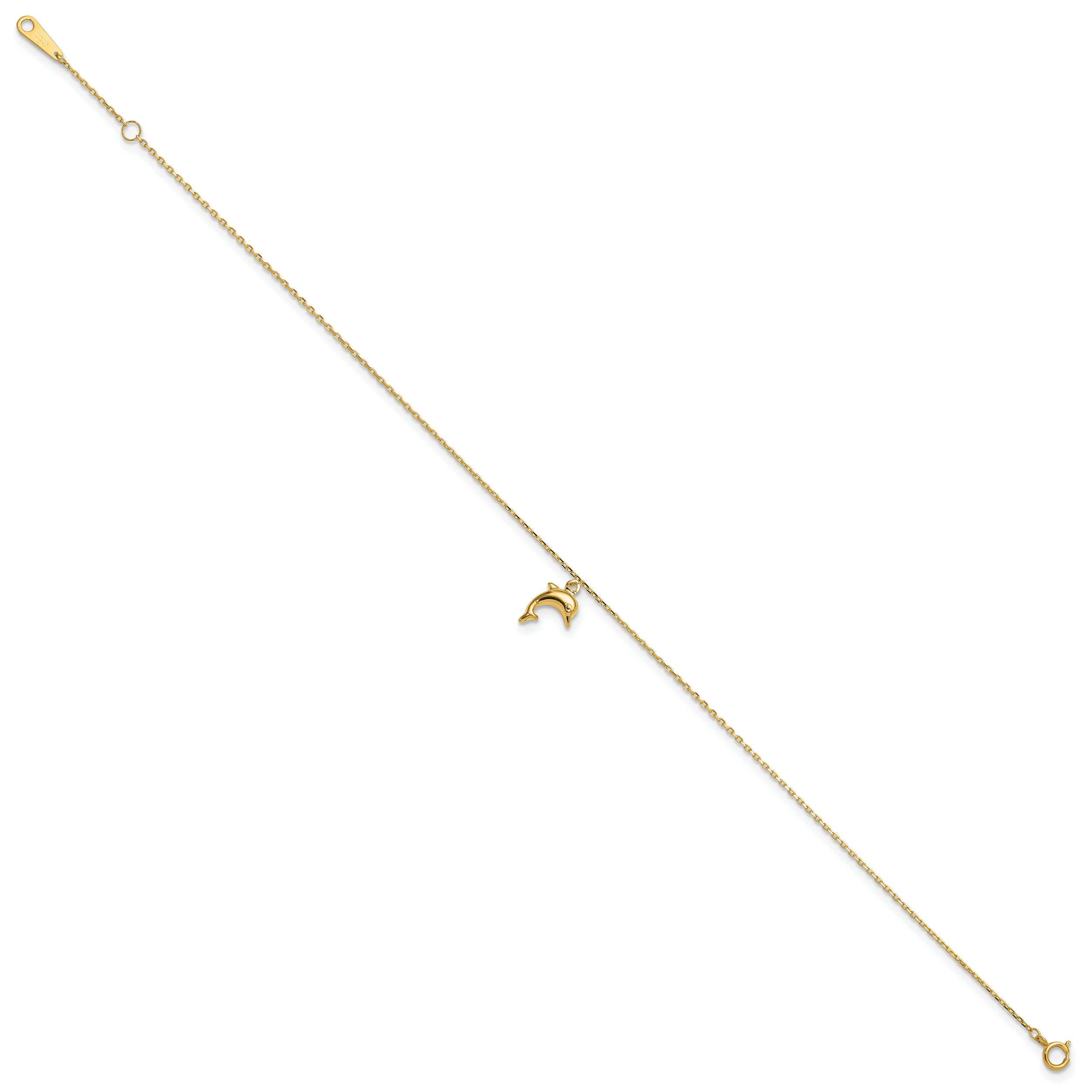 10k Polished Dolphin Charm 9 inch Plus 1 inch Extender - Total 10 inch Anklet