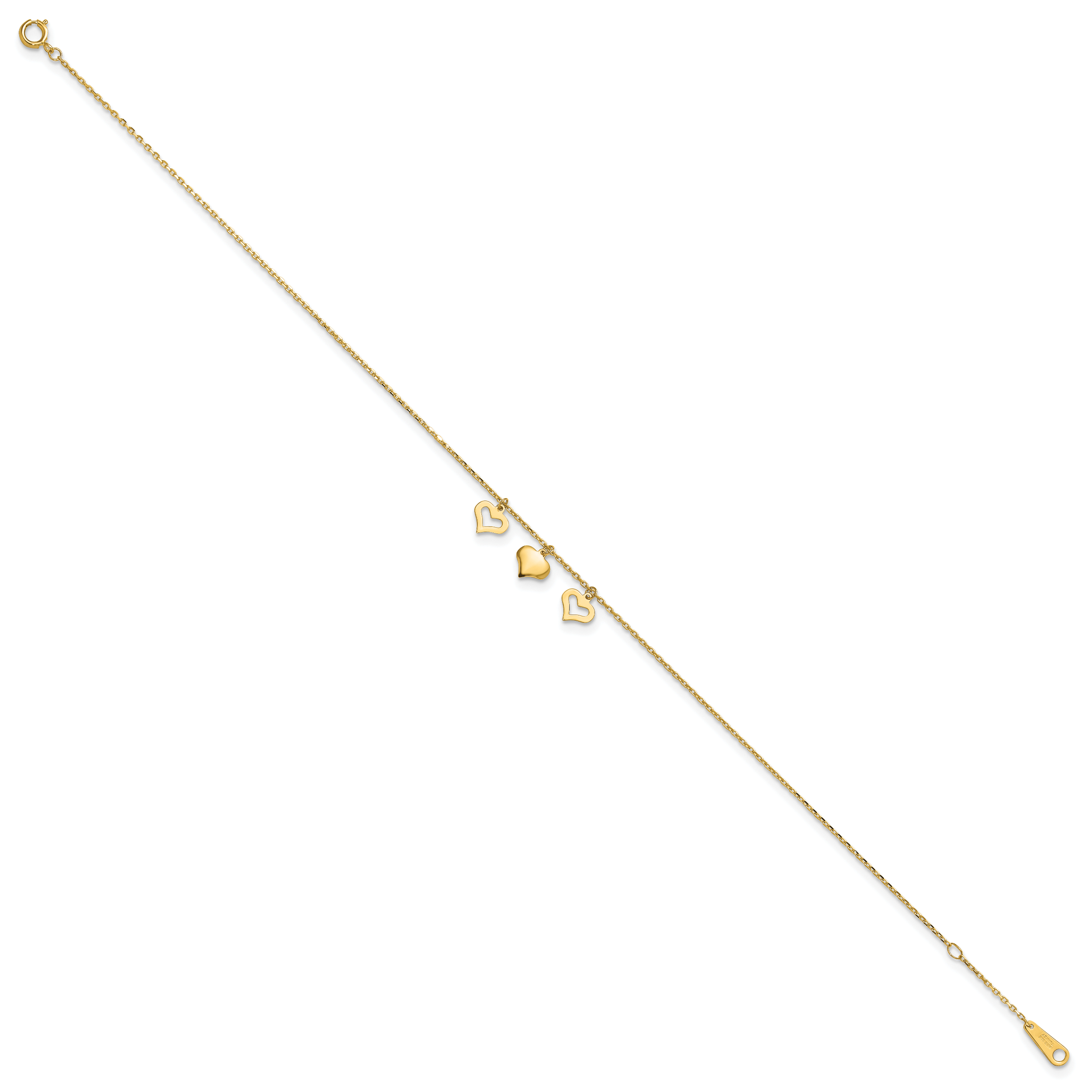 10k Polished Three Heart Dangles 9 inch Plus 1 inch Extender - Total 10 inch Anklet