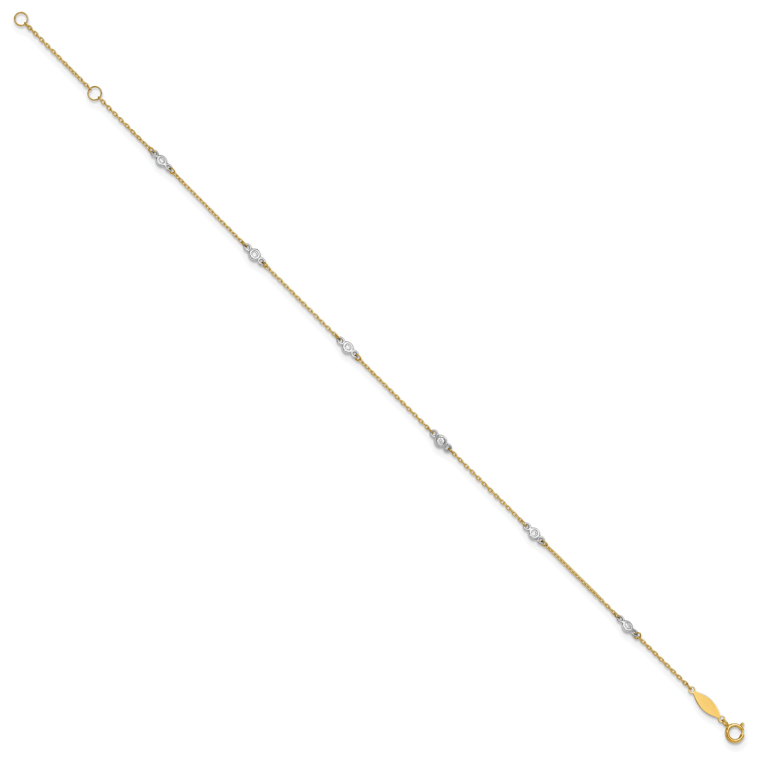 10k Two-tone Bezel-set 3.6mm CZ 6-Station 9 inch Plus 1 inch Extender - Total 10 inch Anklet