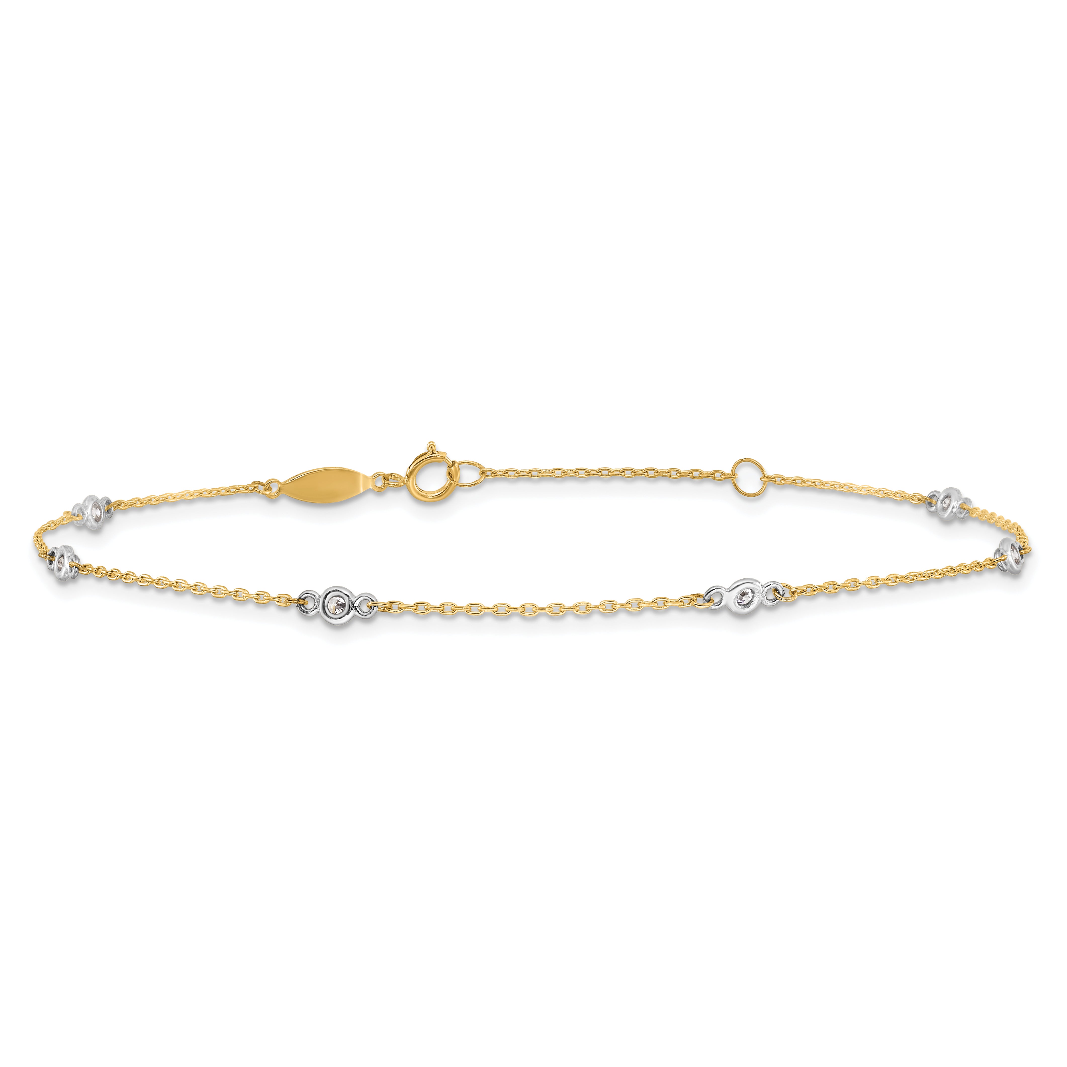 10k Two-tone Bezel-set 3.6mm CZ 6-Station 9 inch Plus 1 inch Extender - Total 10 inch Anklet