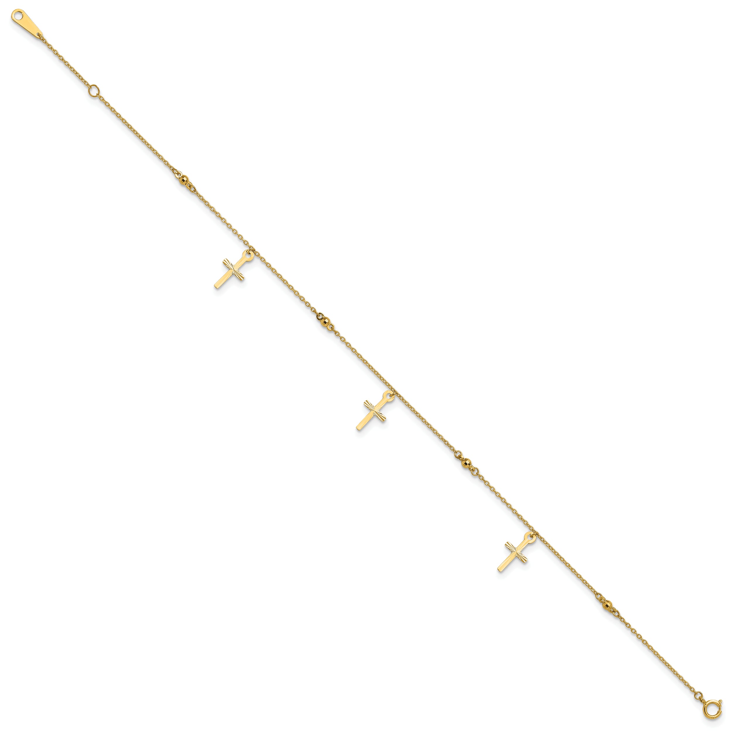 10k Polished Cross Dangle and Beads 9 inch Plus 1 inch Extender - Total 10 inch Anklet