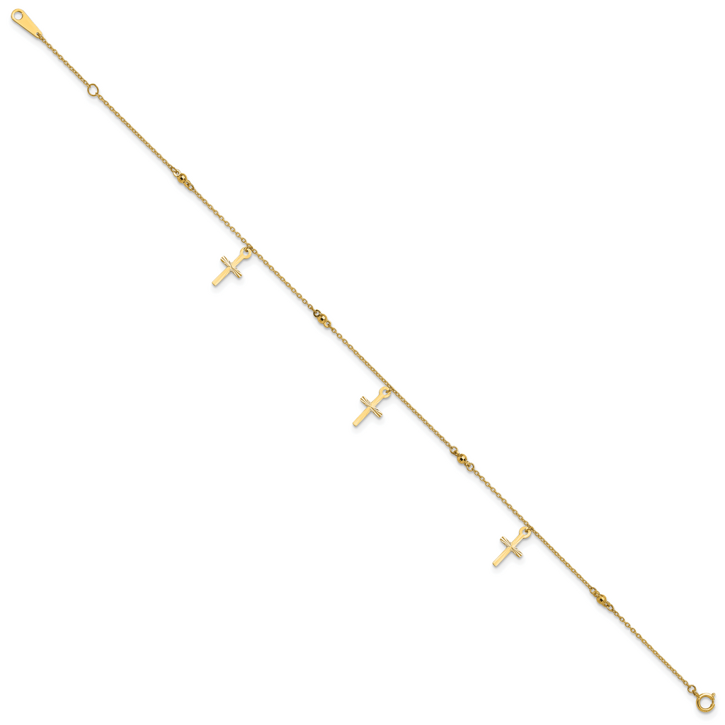 10k Polished Cross Dangle and Beads 9 inch Plus 1 inch Extender - Total 10 inch Anklet