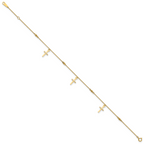 10k Polished Cross Dangle and Beads 9 inch Plus 1 inch Extender - Total 10 inch Anklet