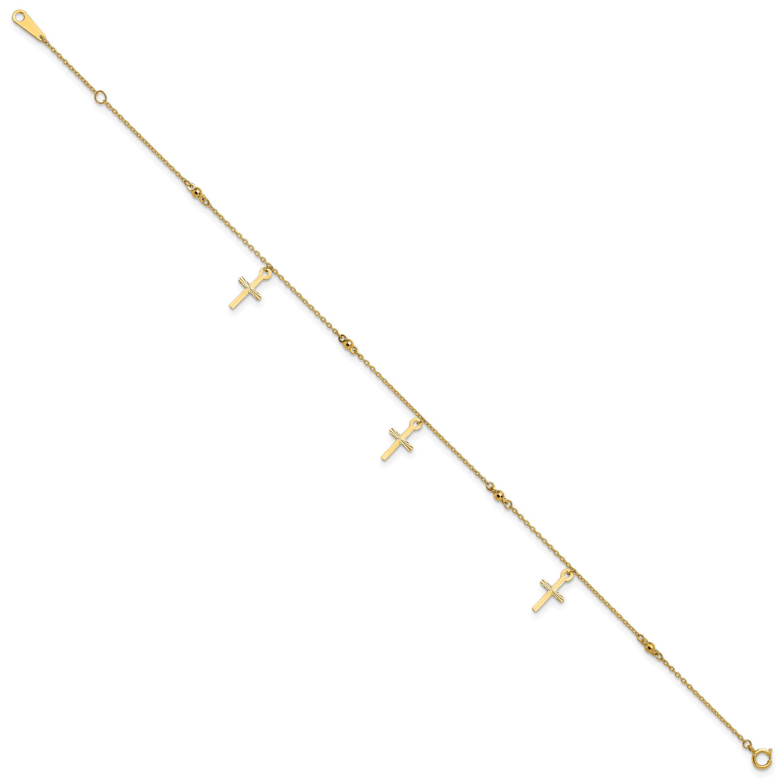 10k Polished Cross Dangle and Beads 9 inch Plus 1 inch Extender - Total 10 inch Anklet