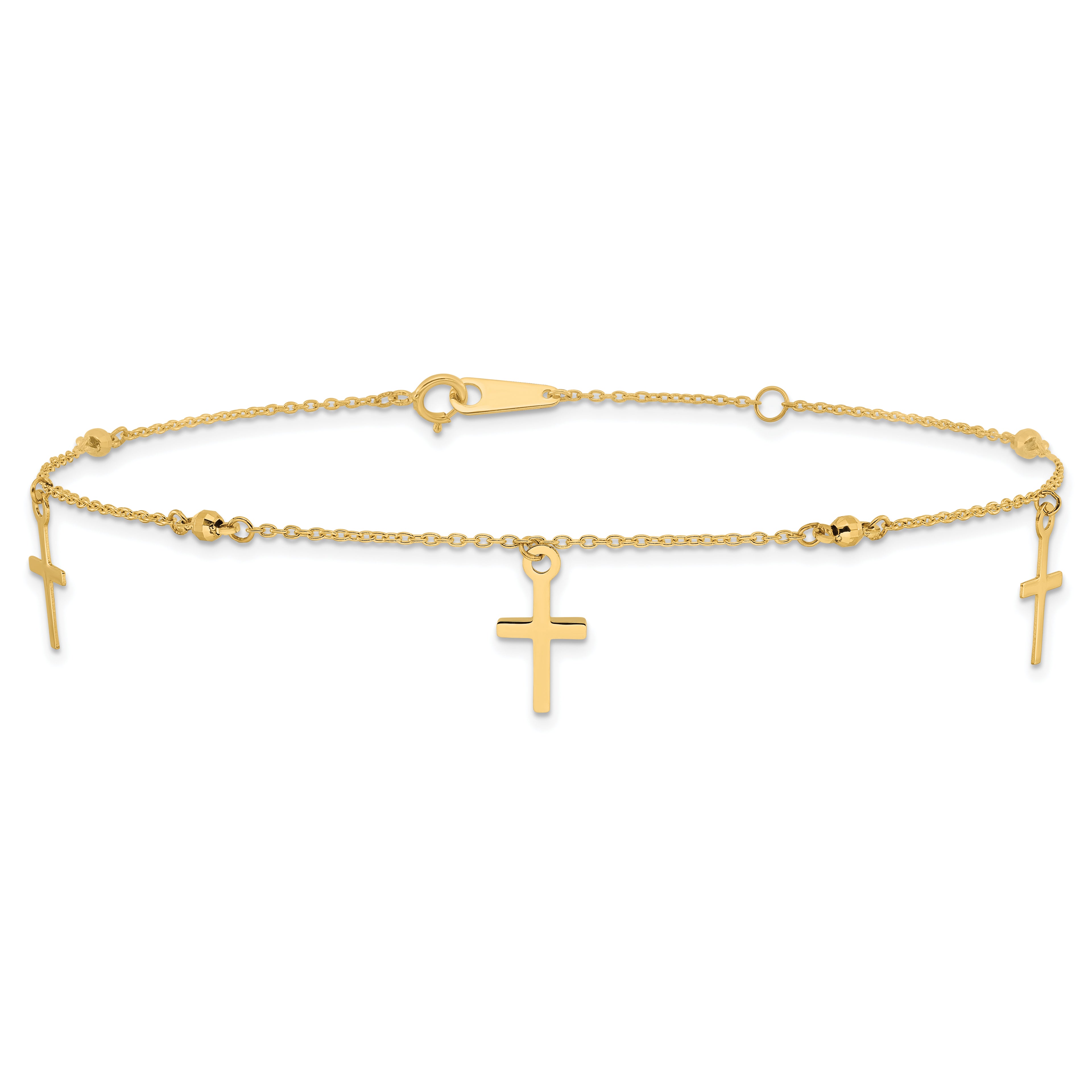 10k Polished Cross Dangle and Beads 9 inch Plus 1 inch Extender - Total 10 inch Anklet