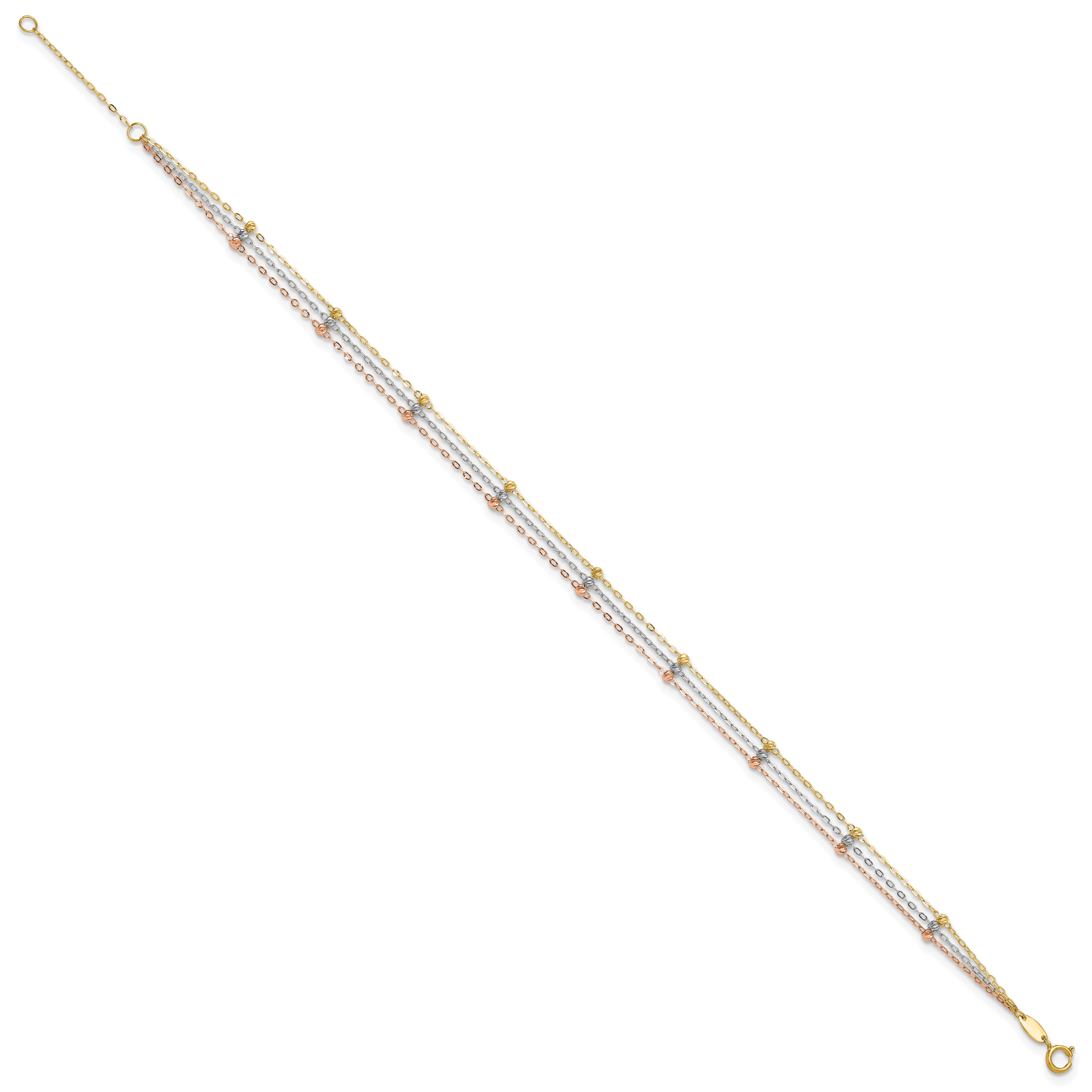 10k Tri-color 3-Strand Diamond-cut Beaded 9 inch Plus 1 inch Extender - Total 10 inch Anklet Secondary image