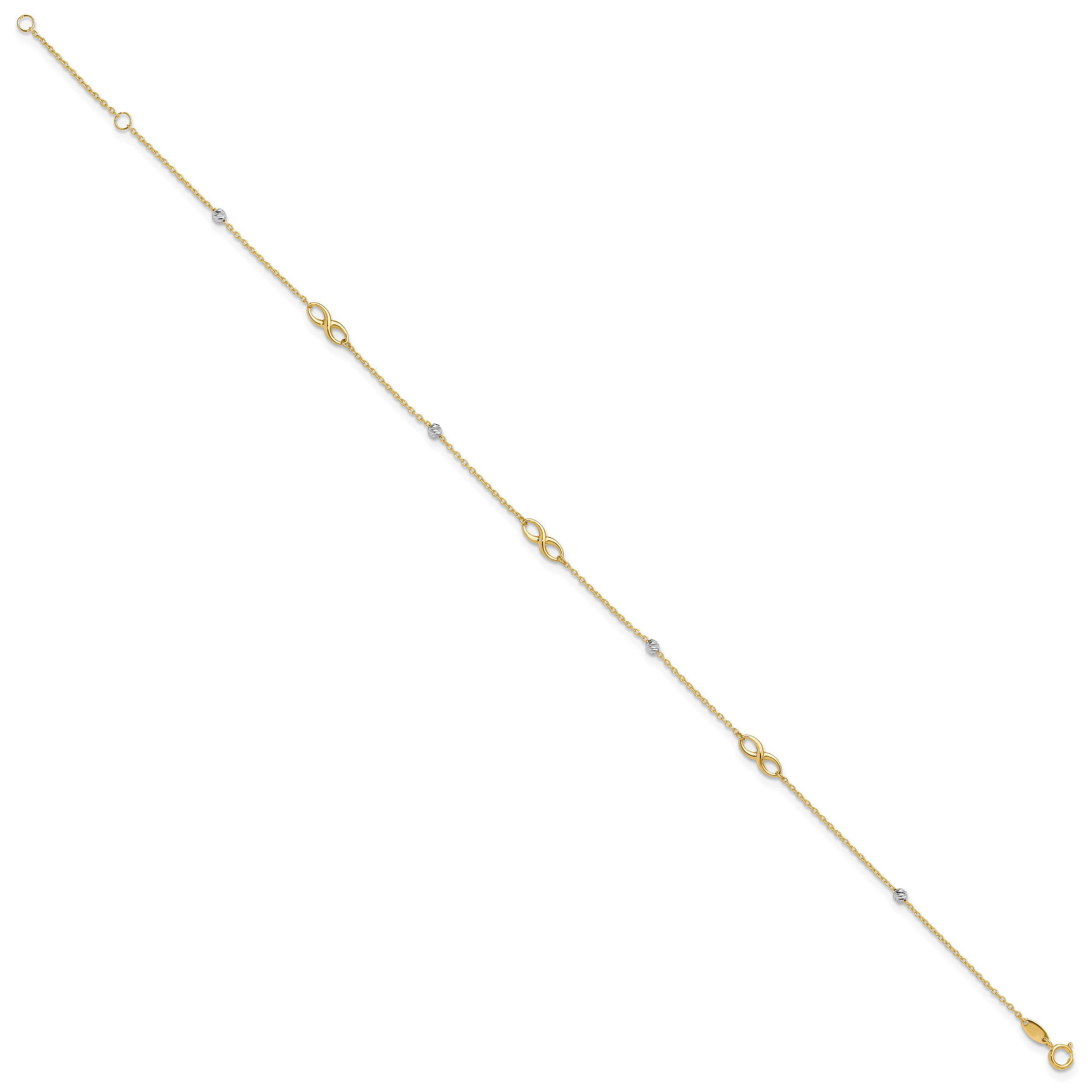 10K Two-Tone Infinity and Diamond-cut Beads 10 inch Plus 1 inch Extender - Total 11 inch Anklet
