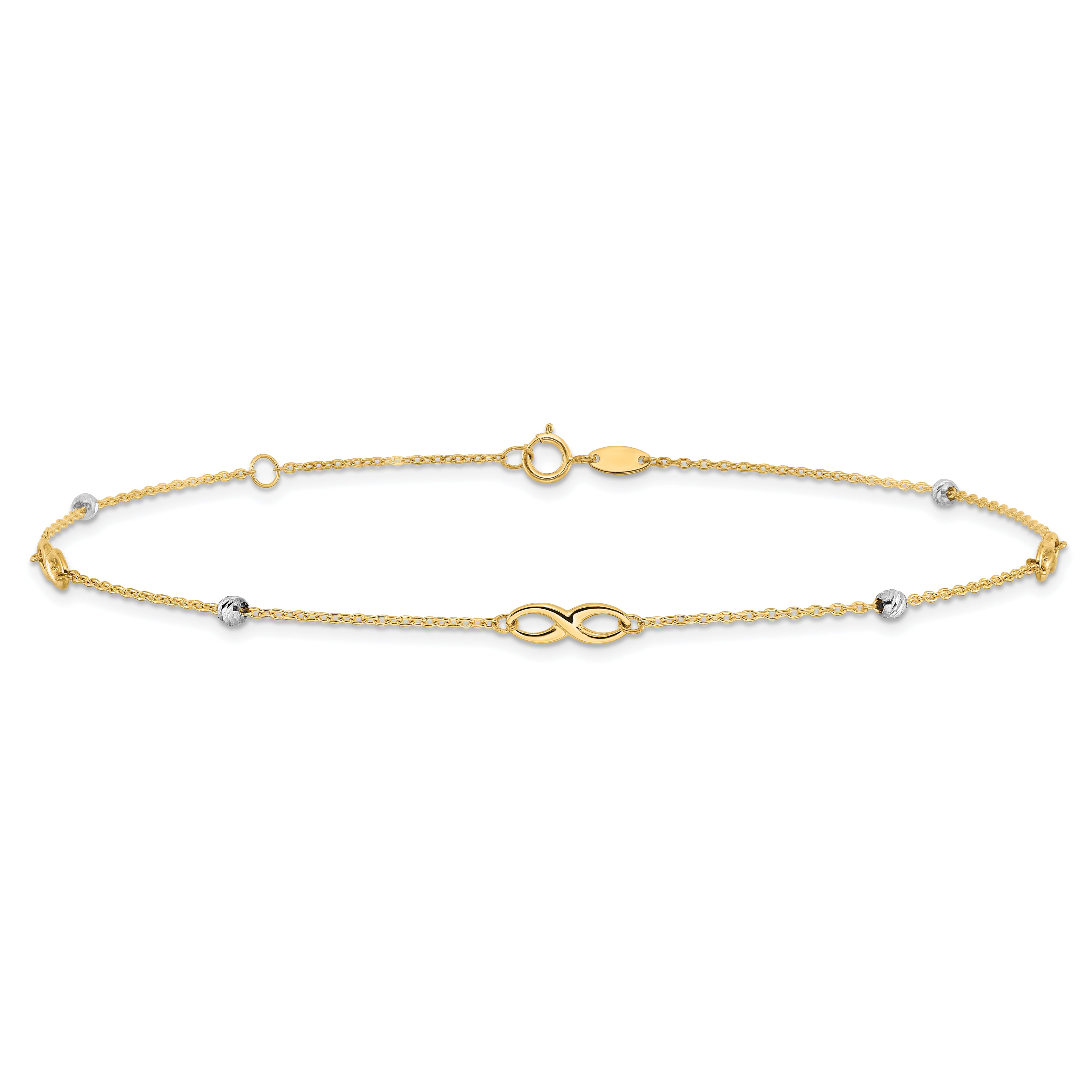 10K Two-Tone Infinity and Diamond-cut Beads 10 inch Plus 1 inch Extender - Total 11 inch Anklet