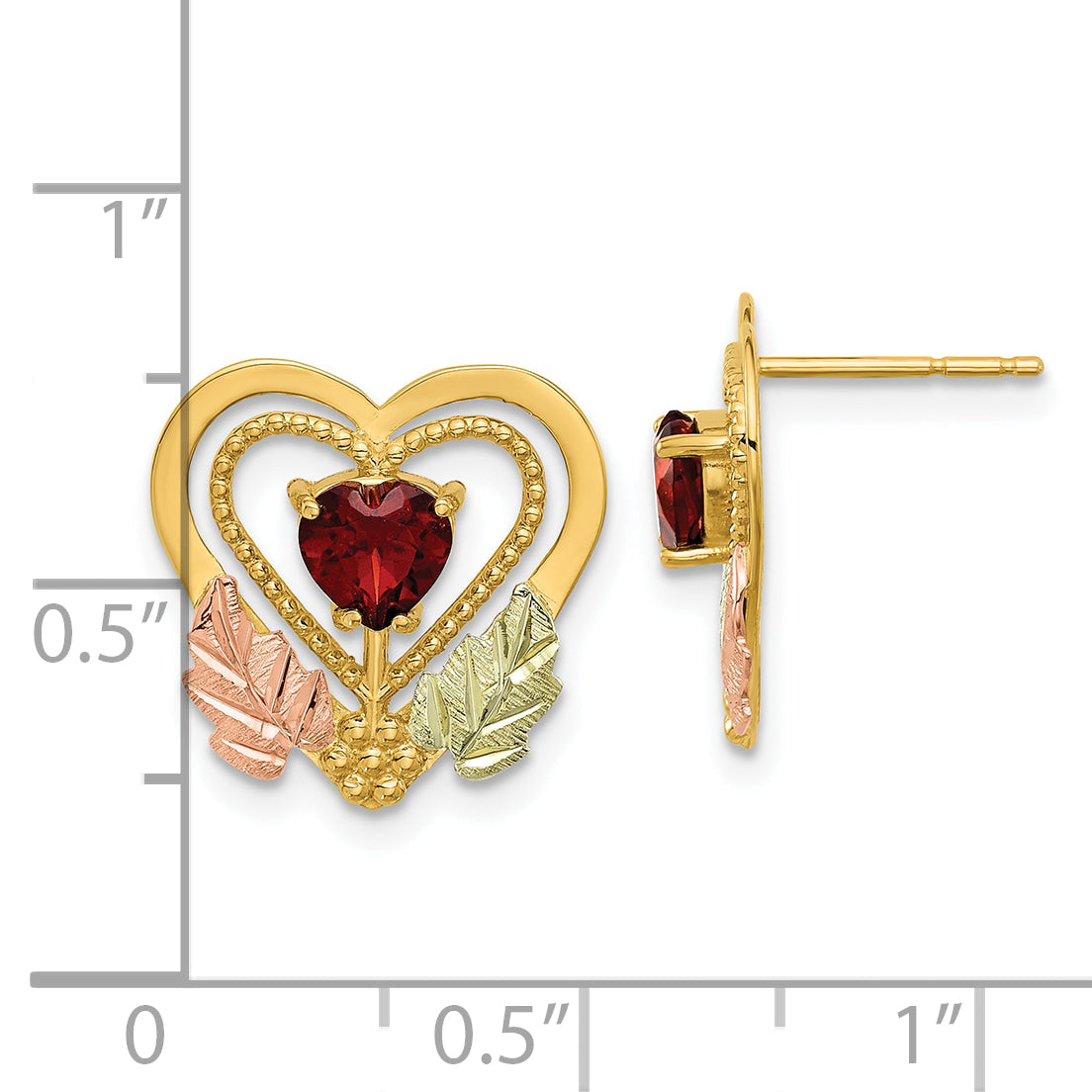 10k w/12K Accents Black Hills Gold Garnet Heart Post Earrings