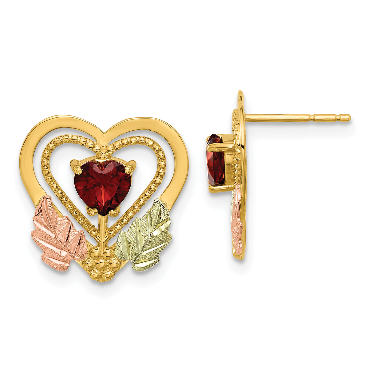 10k w/12K Accents Black Hills Gold Garnet Heart Post Earrings