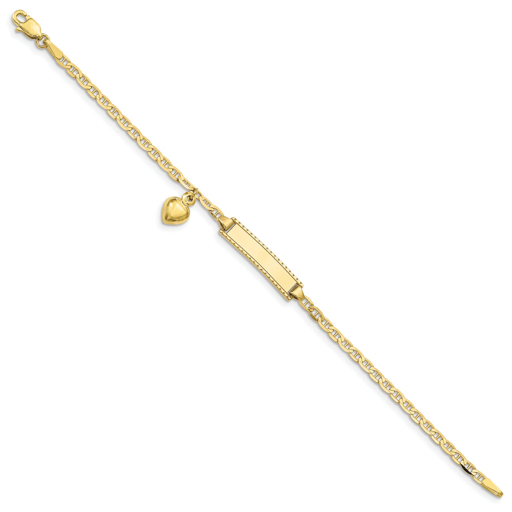 10k Polished Solid Chain/Solid Plate Puffed Heart Dangle Anchor Link 20x5mm Plate 6 inch ID Bracelet