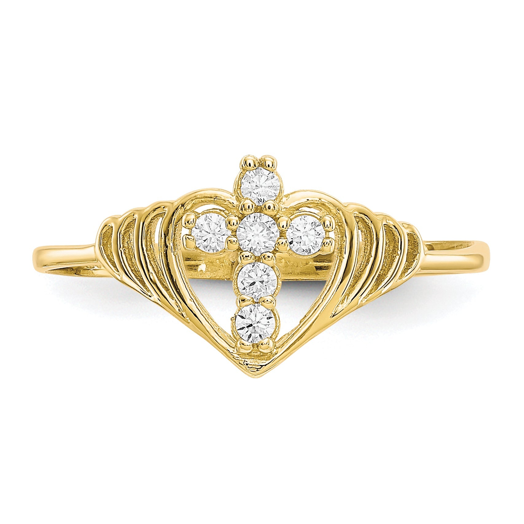 10K Yellow Gold Cubic Zirconia Cross Ring, 1 mm Band Width, 9 mm Top Length, Polished Finish