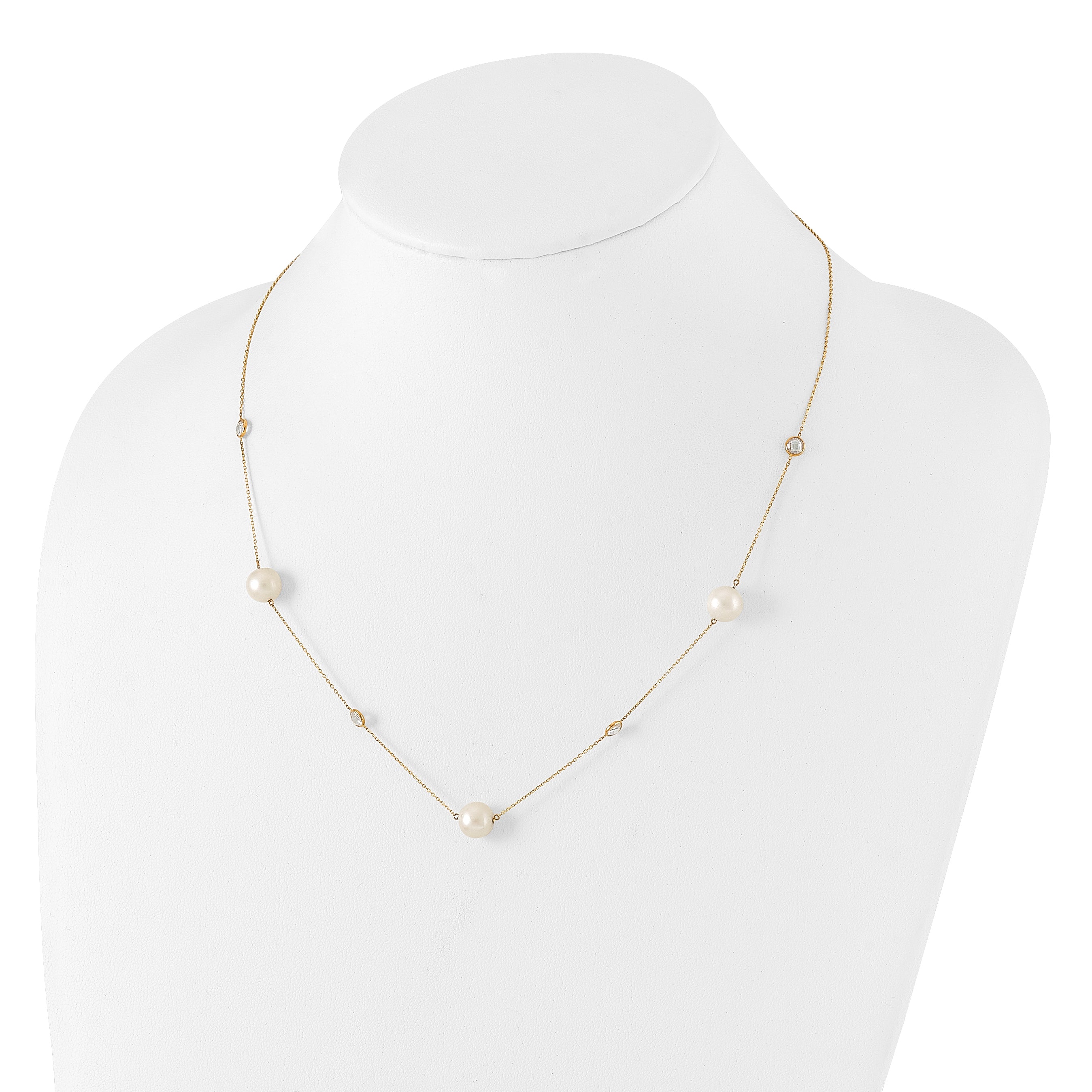 10K Polished CZ and 7-8mm FWC Pearl 7 Station Necklace