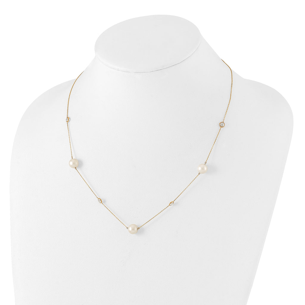 10K Polished CZ and 7-8mm FWC Pearl 7 Station Necklace