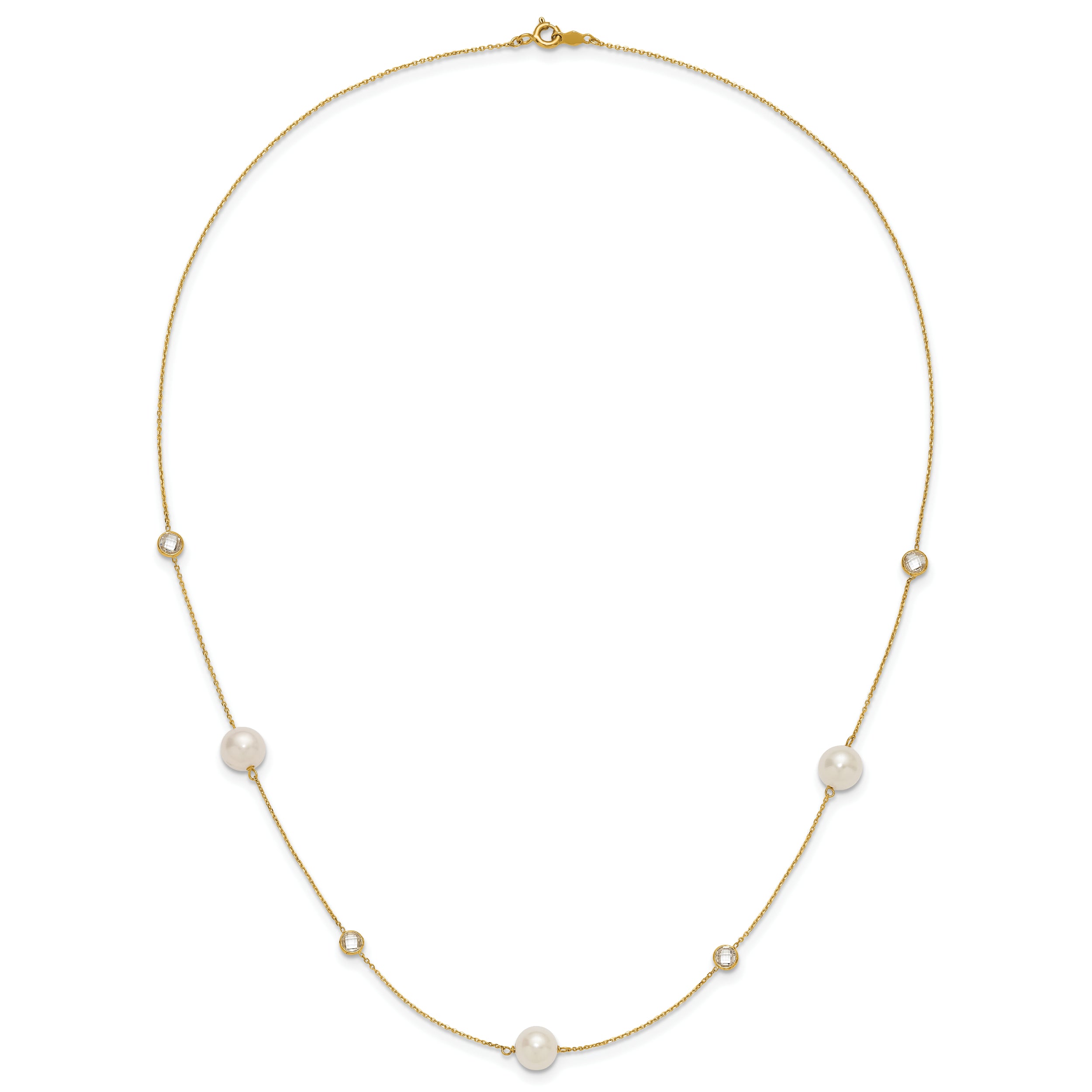 10K Polished CZ and 7-8mm FWC Pearl 7 Station Necklace