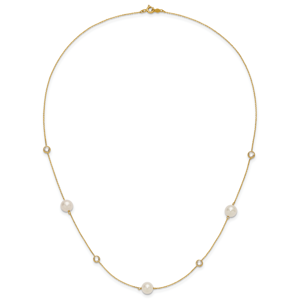 10K Polished CZ and 7-8mm FWC Pearl 7 Station Necklace