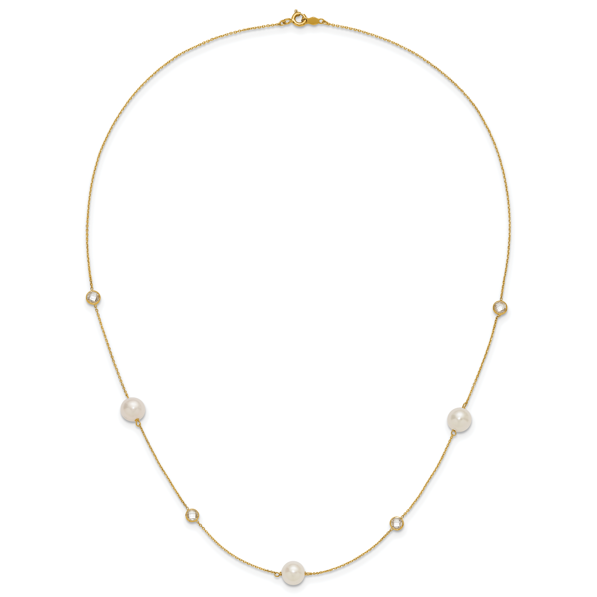 10K Polished CZ and 7-8mm FWC Pearl 7 Station Necklace