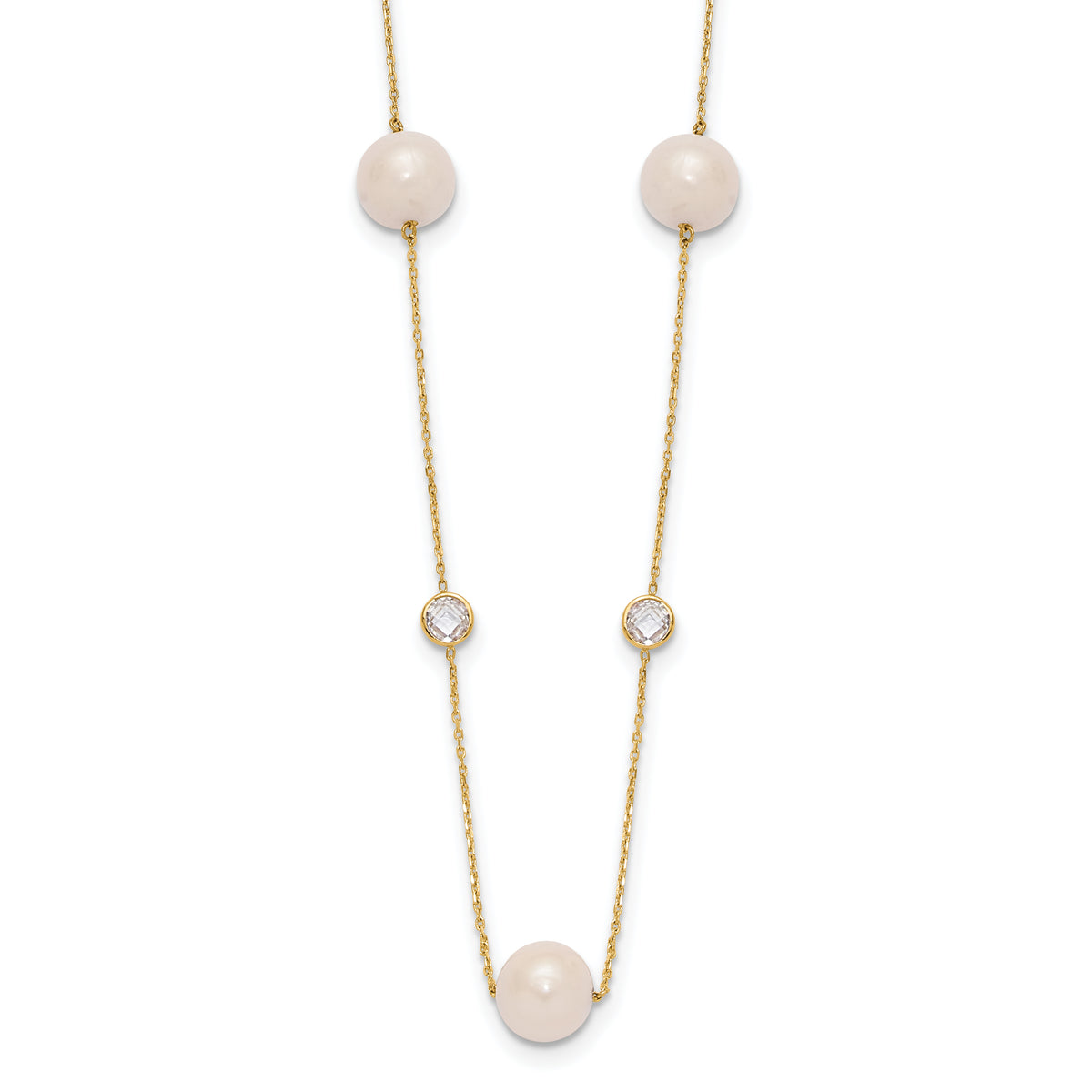 10K Polished CZ and 7-8mm FWC Pearl 7 Station Necklace
