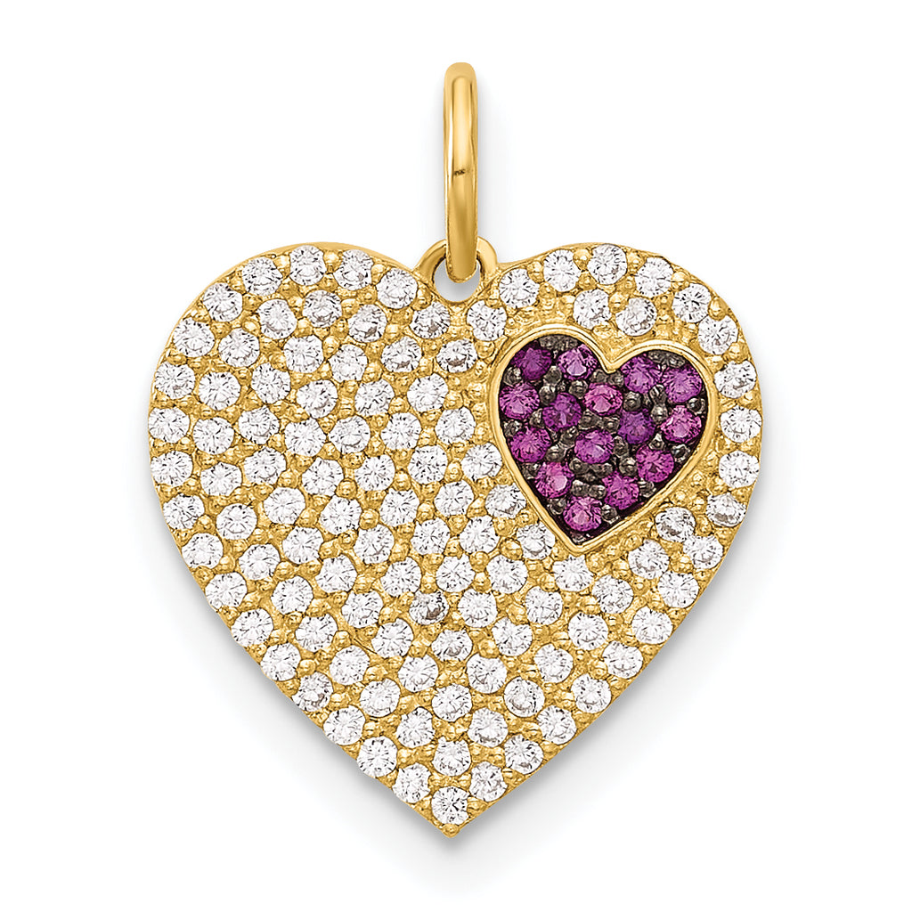 10K Polished Clear & Red CZ Heart Charm