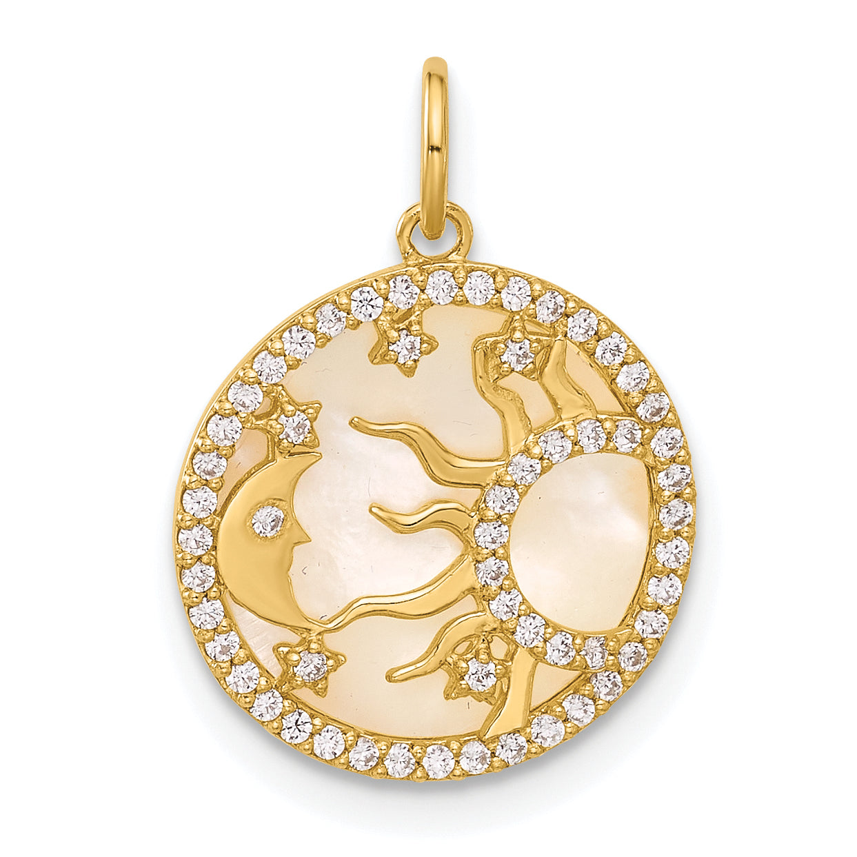 10K Polished CZ and Mother of Pearl Sun Moon and Stars Disc Charm Main image