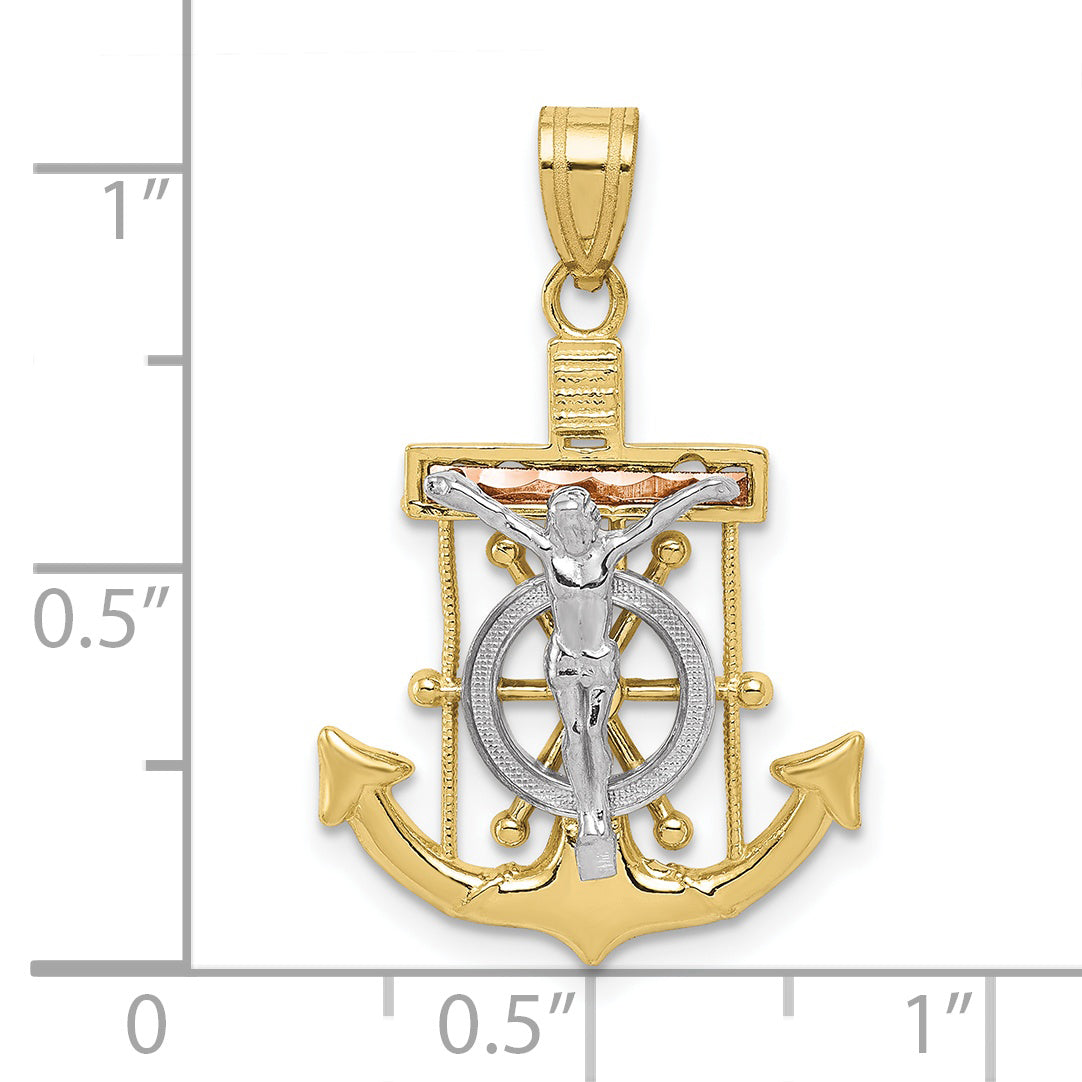 10k Tri-color Diamond-cut w/Textured Mariner's Cross Pendant Secondary image