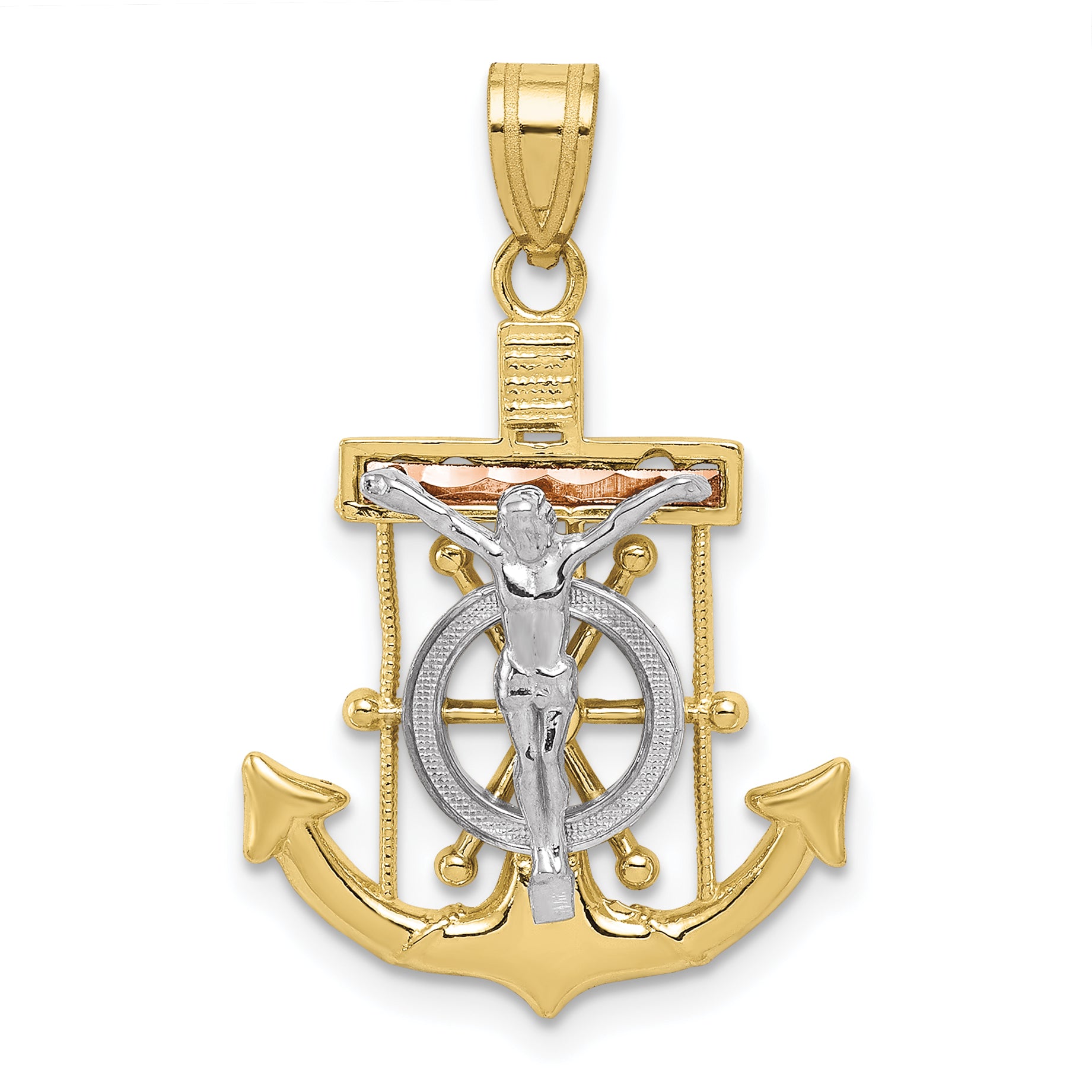 10k Tri-color Diamond-cut w/Textured Mariner's Cross Pendant Main image