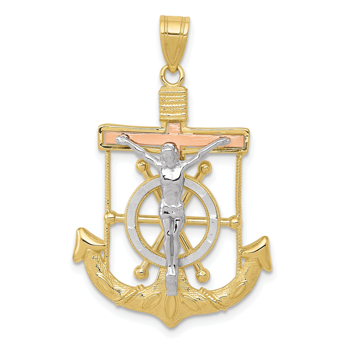 Mariners Crucifix Pendant in 10K Tri-Color Gold, 35mm Diamond-Cut - Sophia Jewelers Main image