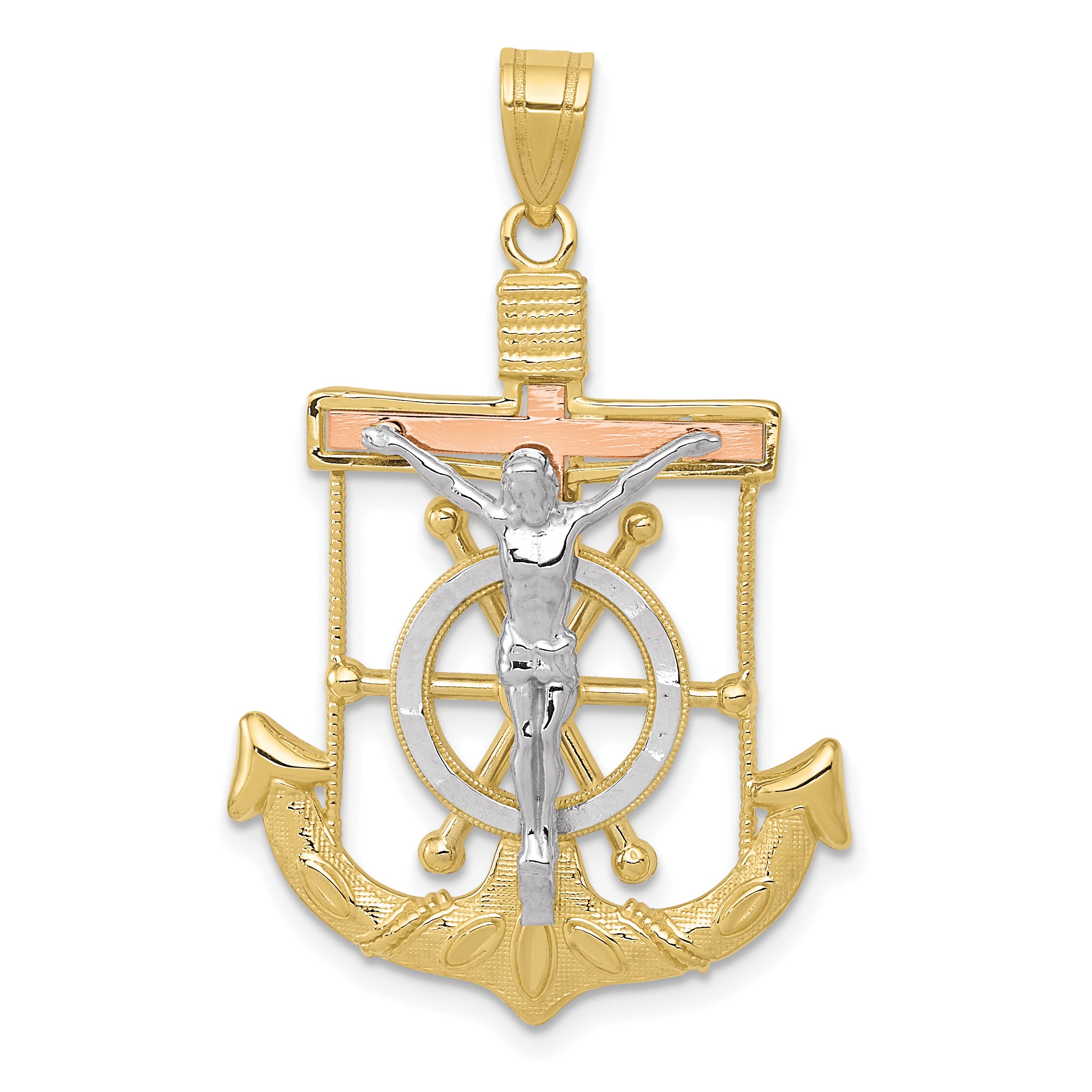 10k Tri-color Diamond-cut w/Textured Mariner's Cross Pendant Main image