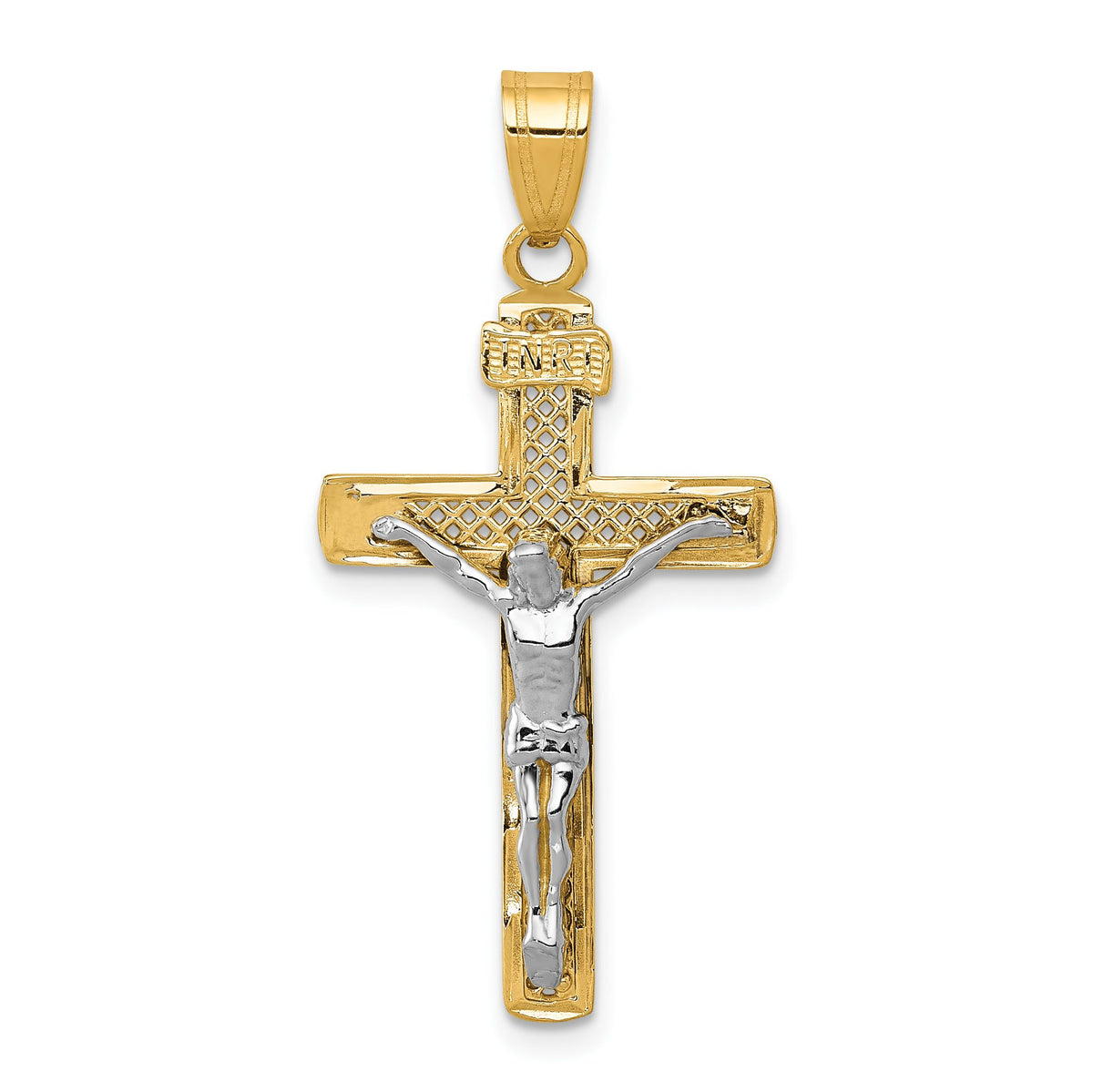 Block Lattice Crucifix Pendant in 10K Two-Tone Gold, 33mm Diamond-Cut - Sophia Jewelers Main image