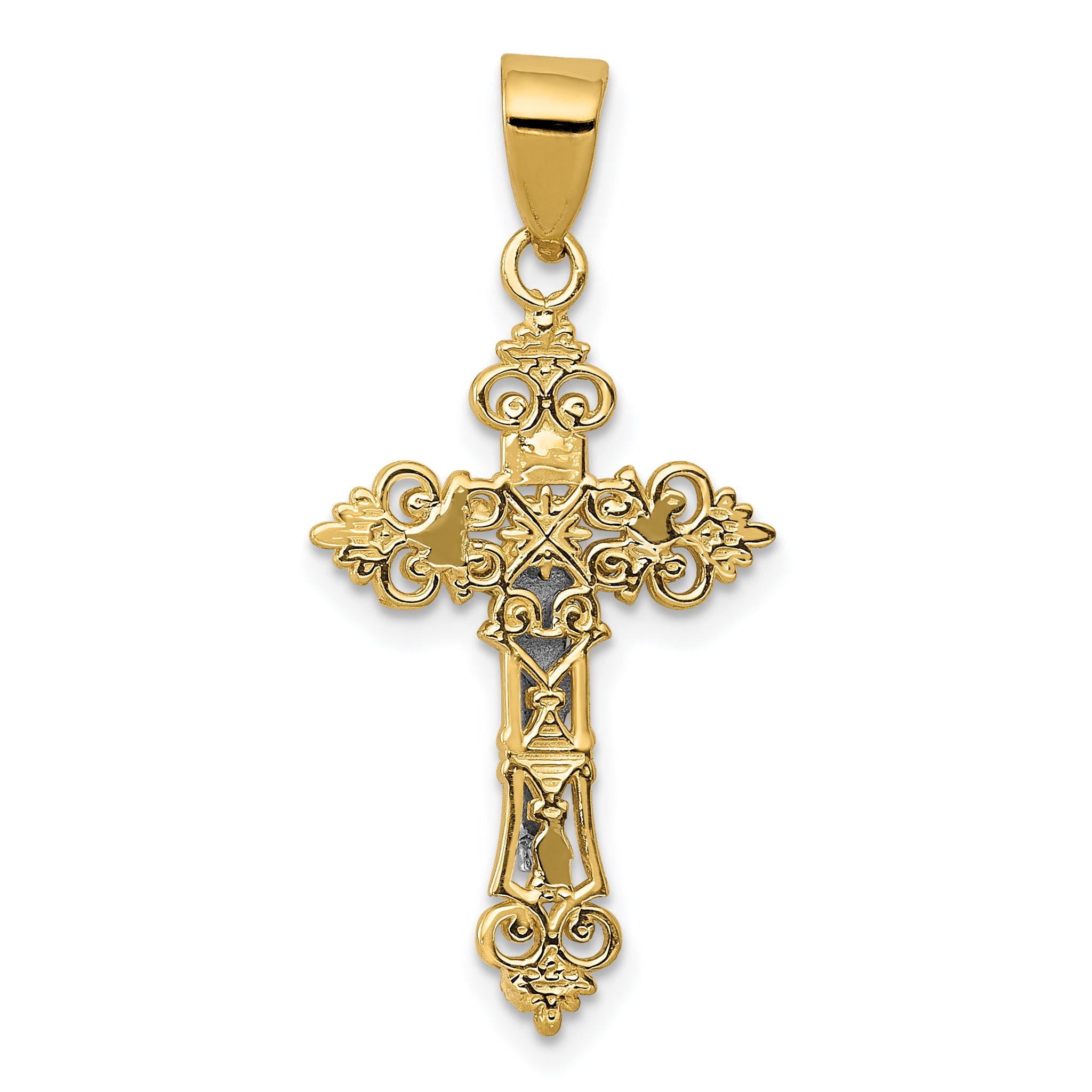 10K Two-tone Small Lacey-edged INRI Crucifix Pendant