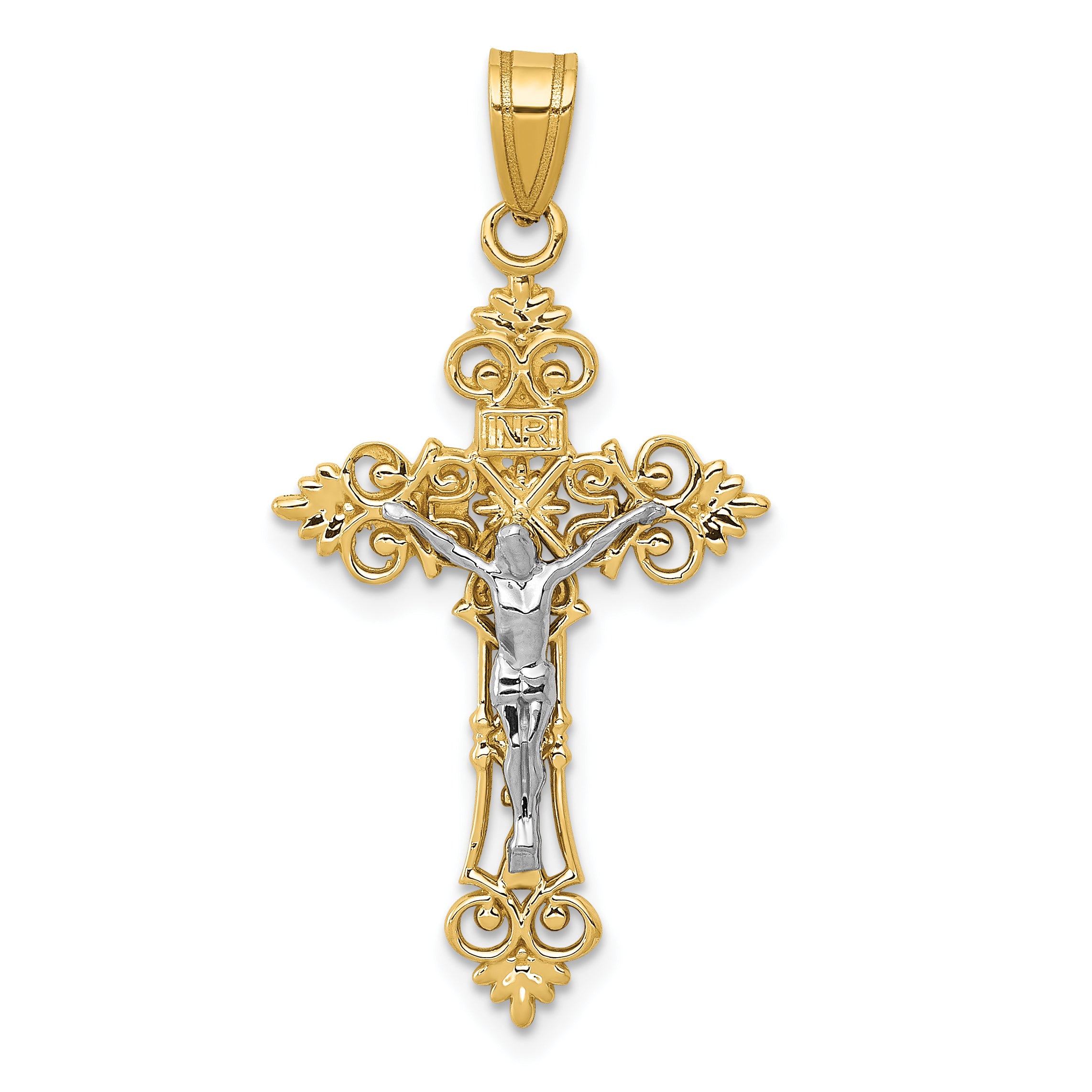 10K Two-tone Medium Lacey-edged INRI Crucifix Pendant Main image