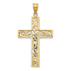 10K Two-tone D/C Large Block Filigree Cross w/Crucifix Pendant