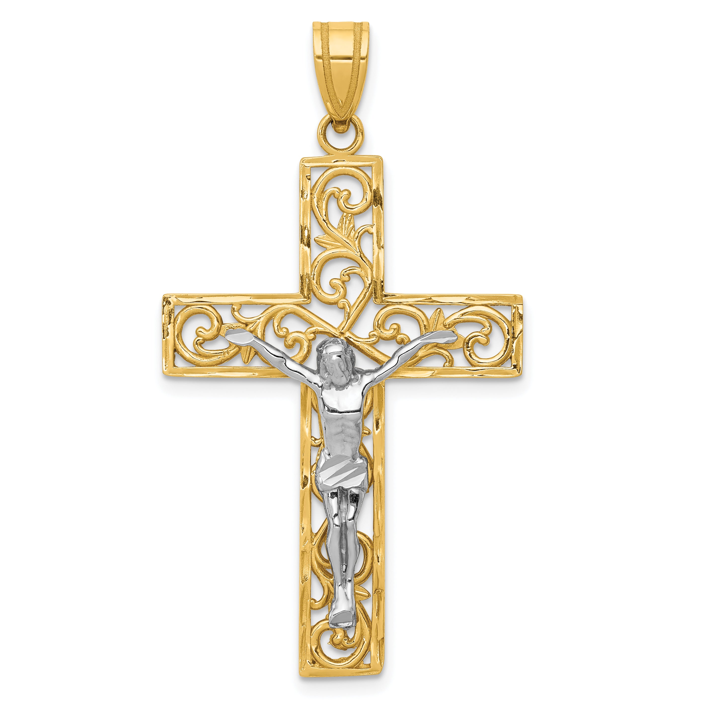 10K Two-tone D/C Large Block Filigree Cross w/Crucifix Pendant Main image