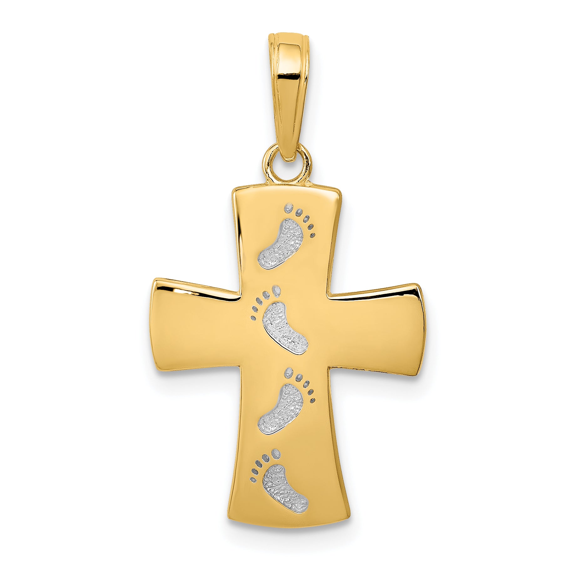 10K None w/ Rhodium Cross W/Footprints Pendant