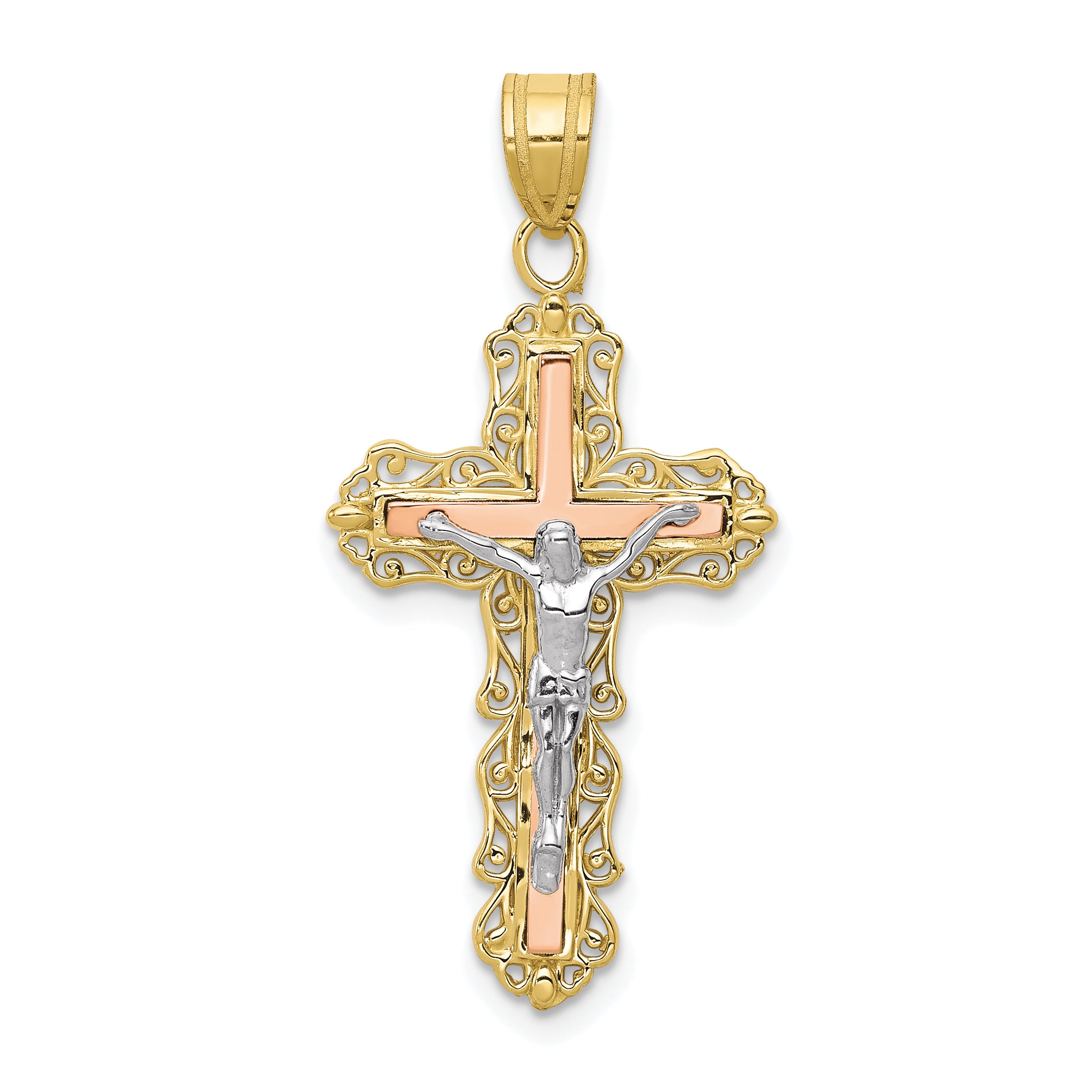10K Tri-color Diamond-cut Crucifix Pendant Main image