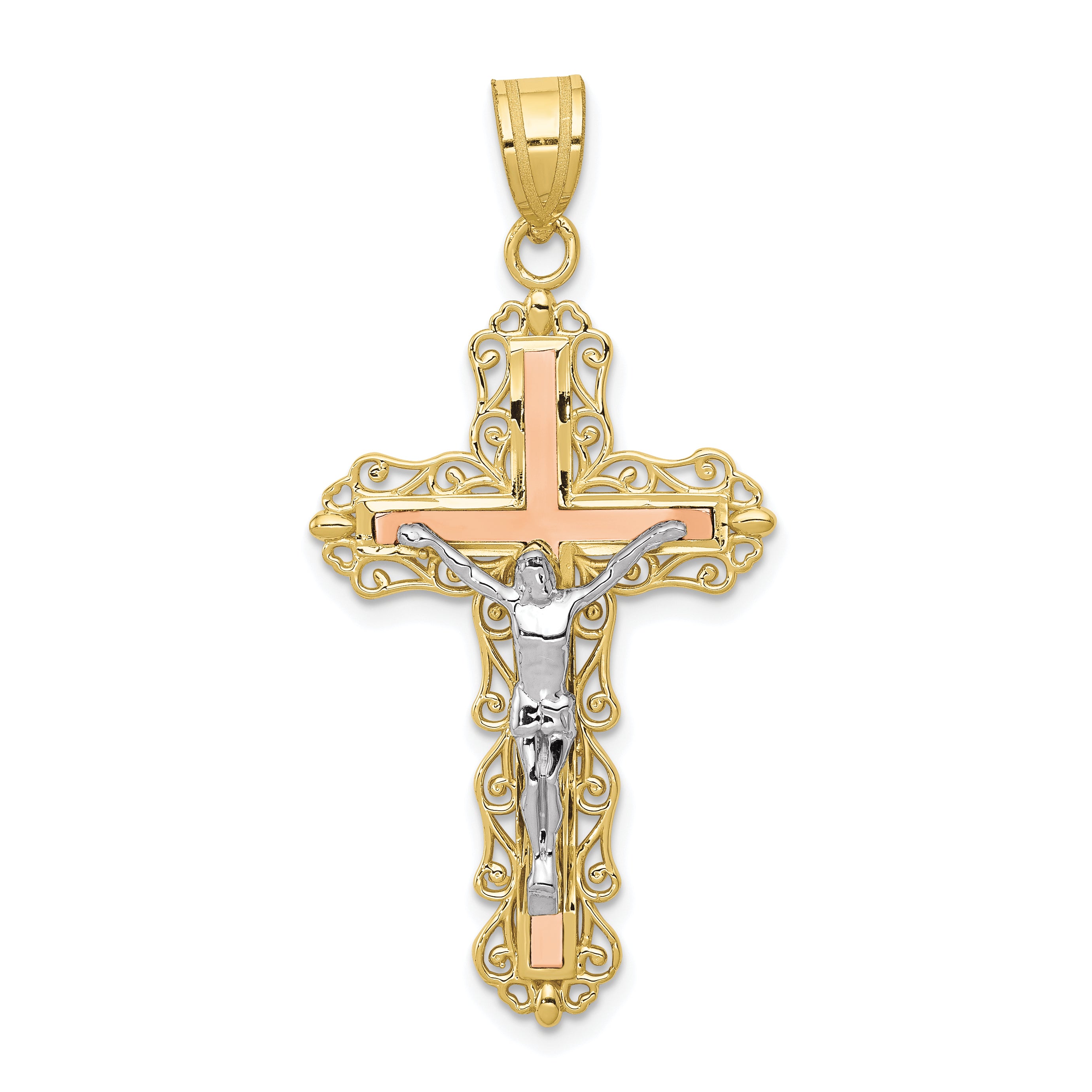 10K Tri-color Diamond-cut Crucifix Pendant Main image