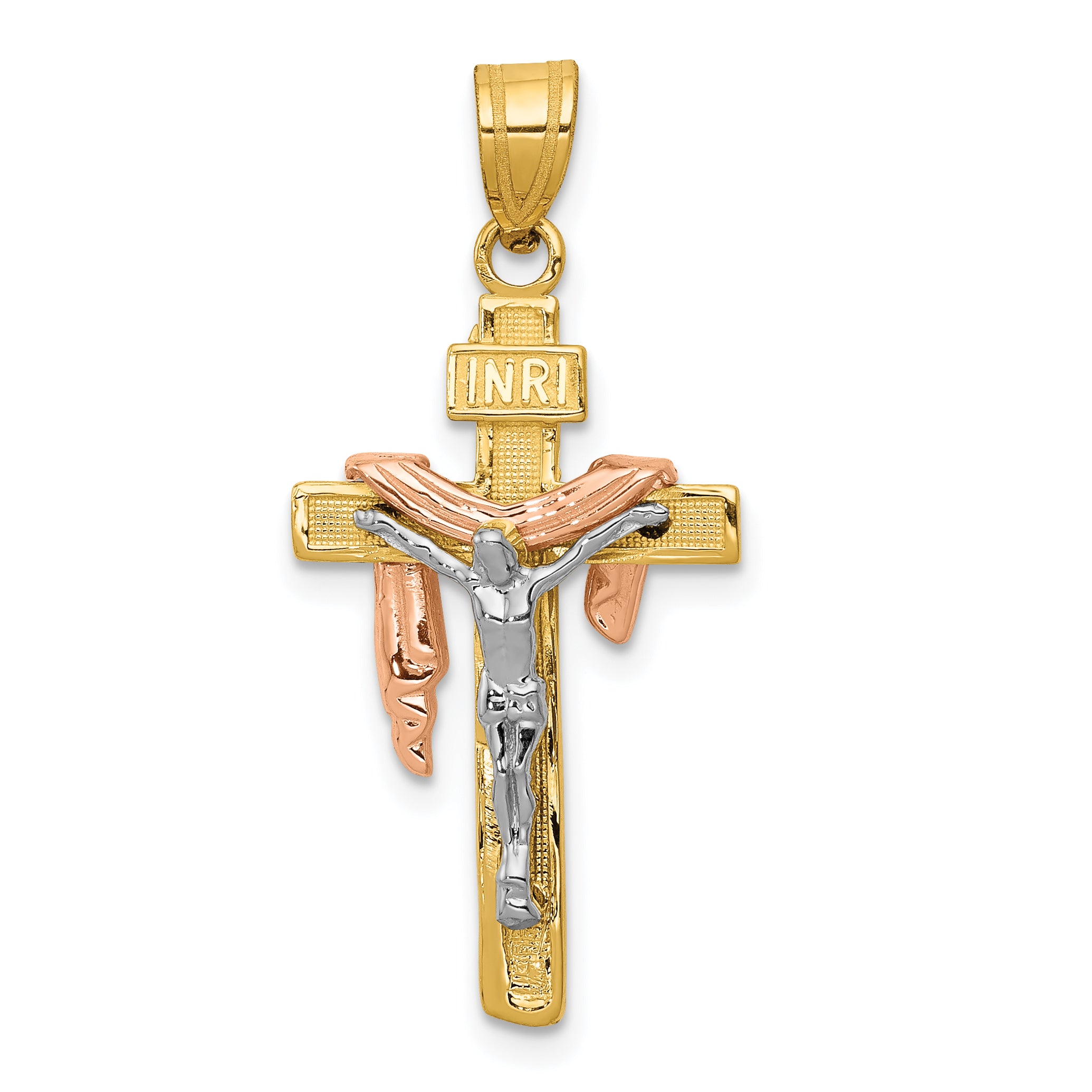 10K Tri-color Diamond-cut Small Draped INRI Crucifix Pendant Main image
