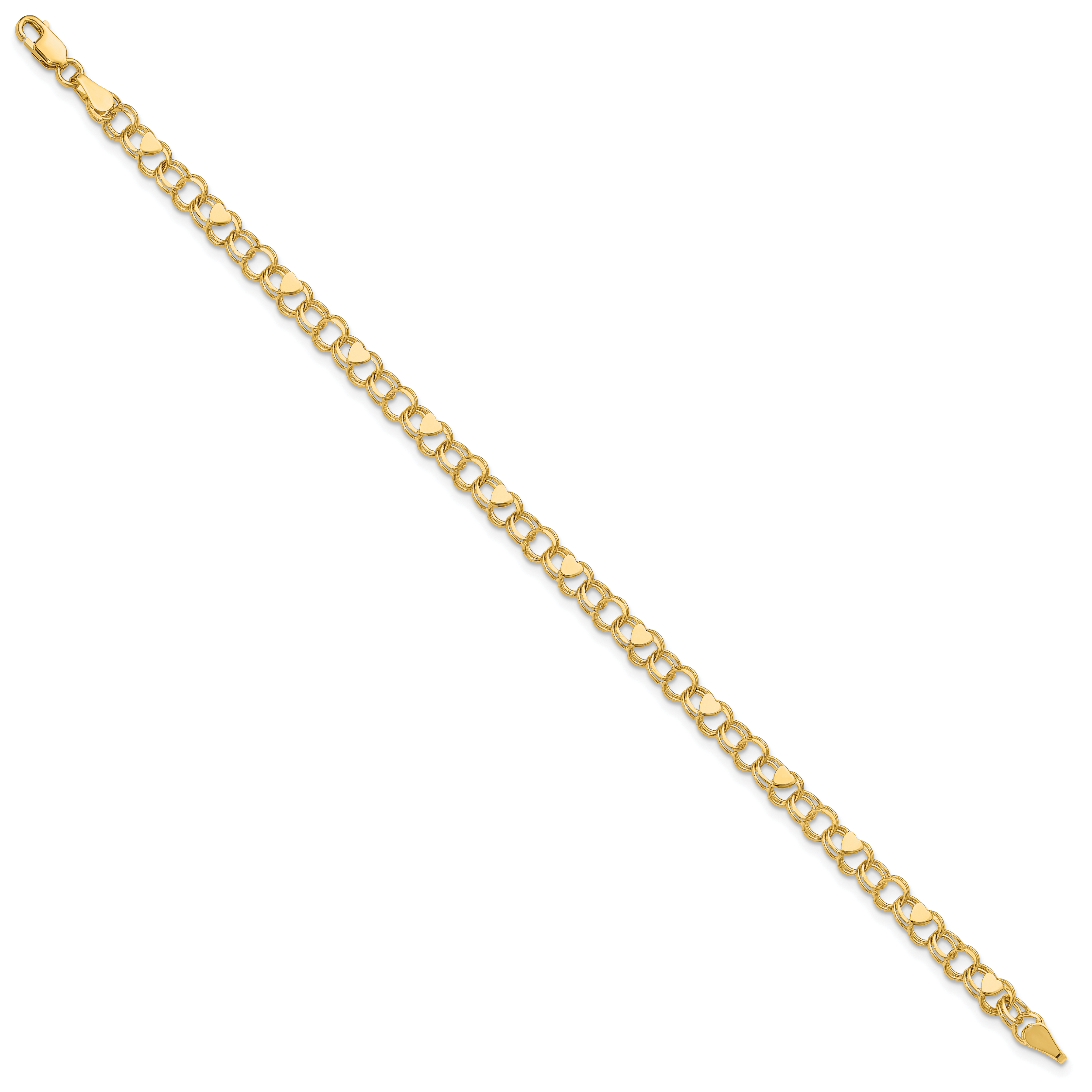 10K 4mm Solid Double Link with Hearts 7 inch Charm Bracelet - view 2