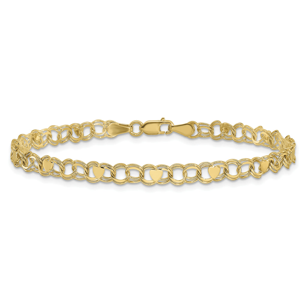 10K 4mm Solid Double Link with Hearts 7 inch Charm Bracelet - view 3