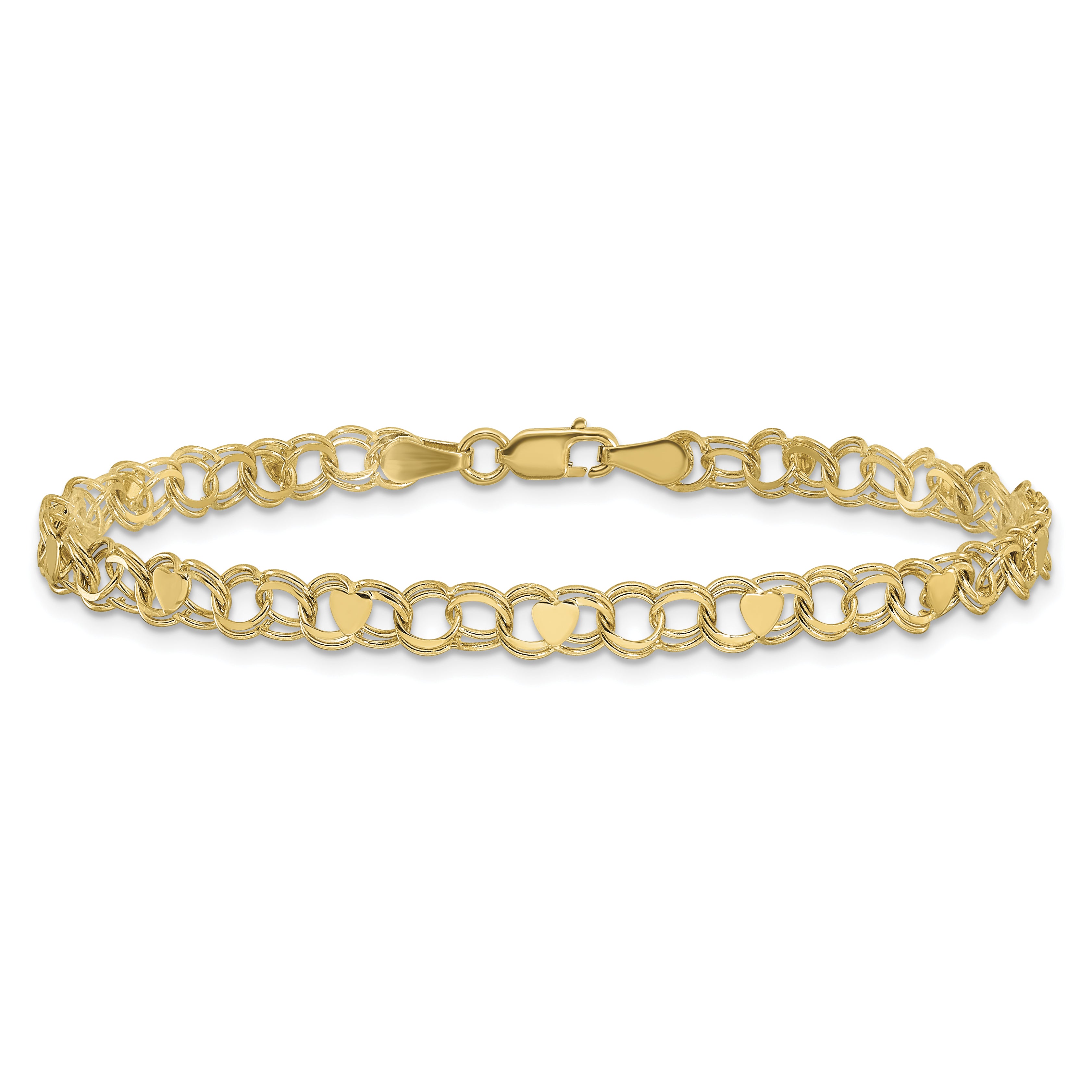 10K 4mm Solid Double Link with Hearts 7 inch Charm Bracelet - view 3